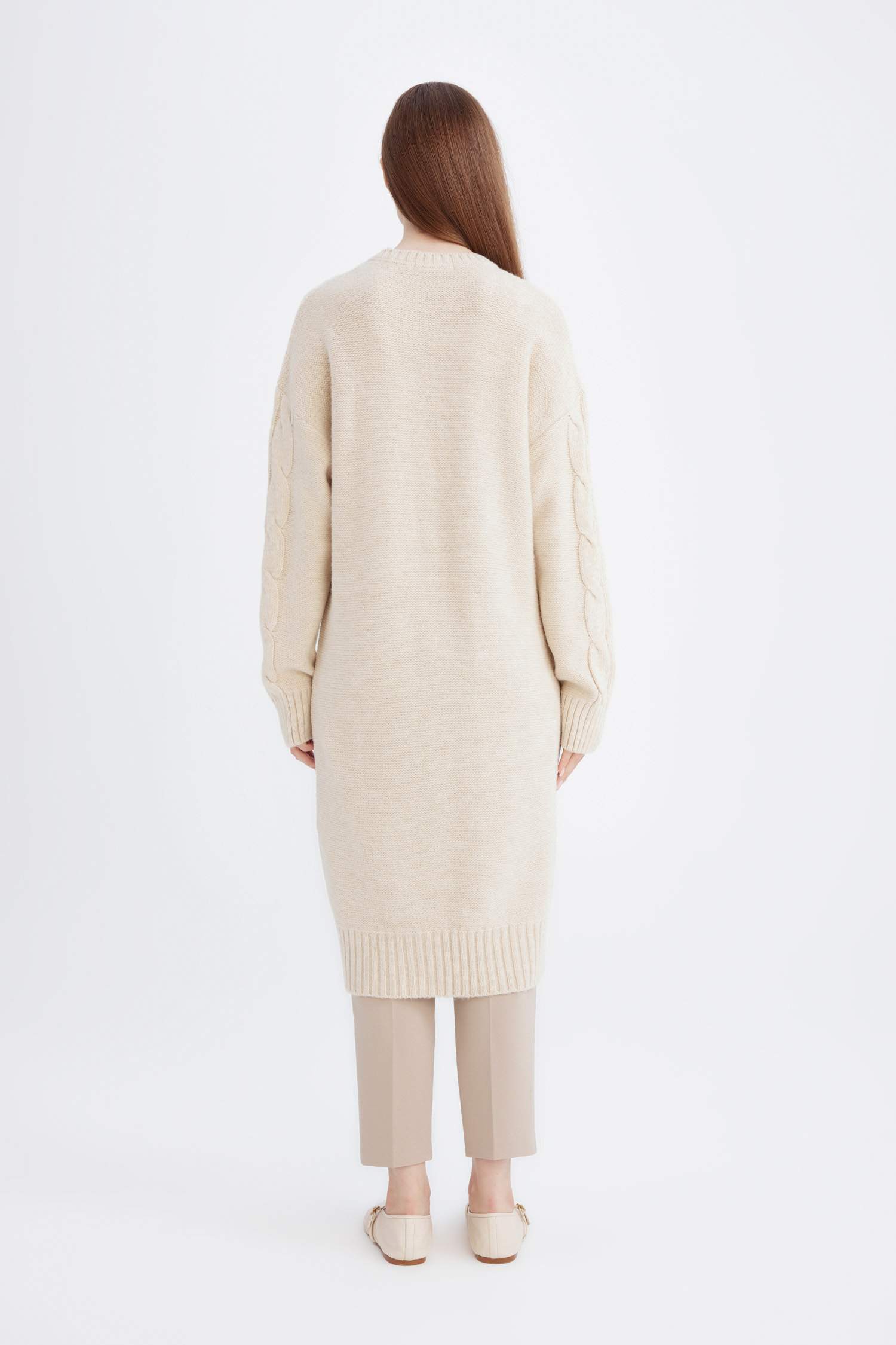 Regular Fit Bisiklet Yaka Saç Örgü Desenli Basic Düz Uzun Kollu Midi Triko Elbise