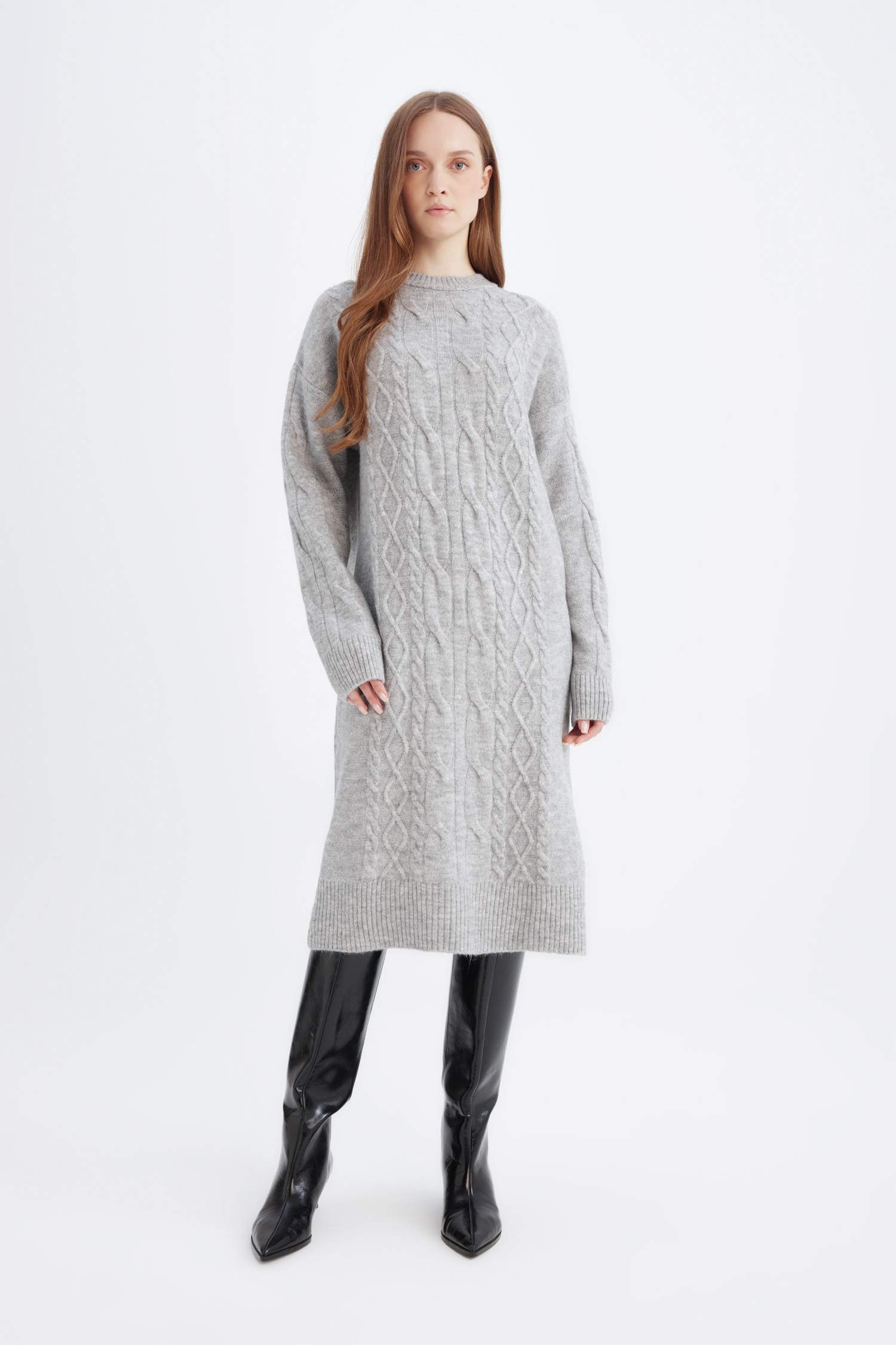 Regular Fit Bisiklet Yaka Saç Örgü Desenli Basic Düz Uzun Kollu Midi Triko Elbise