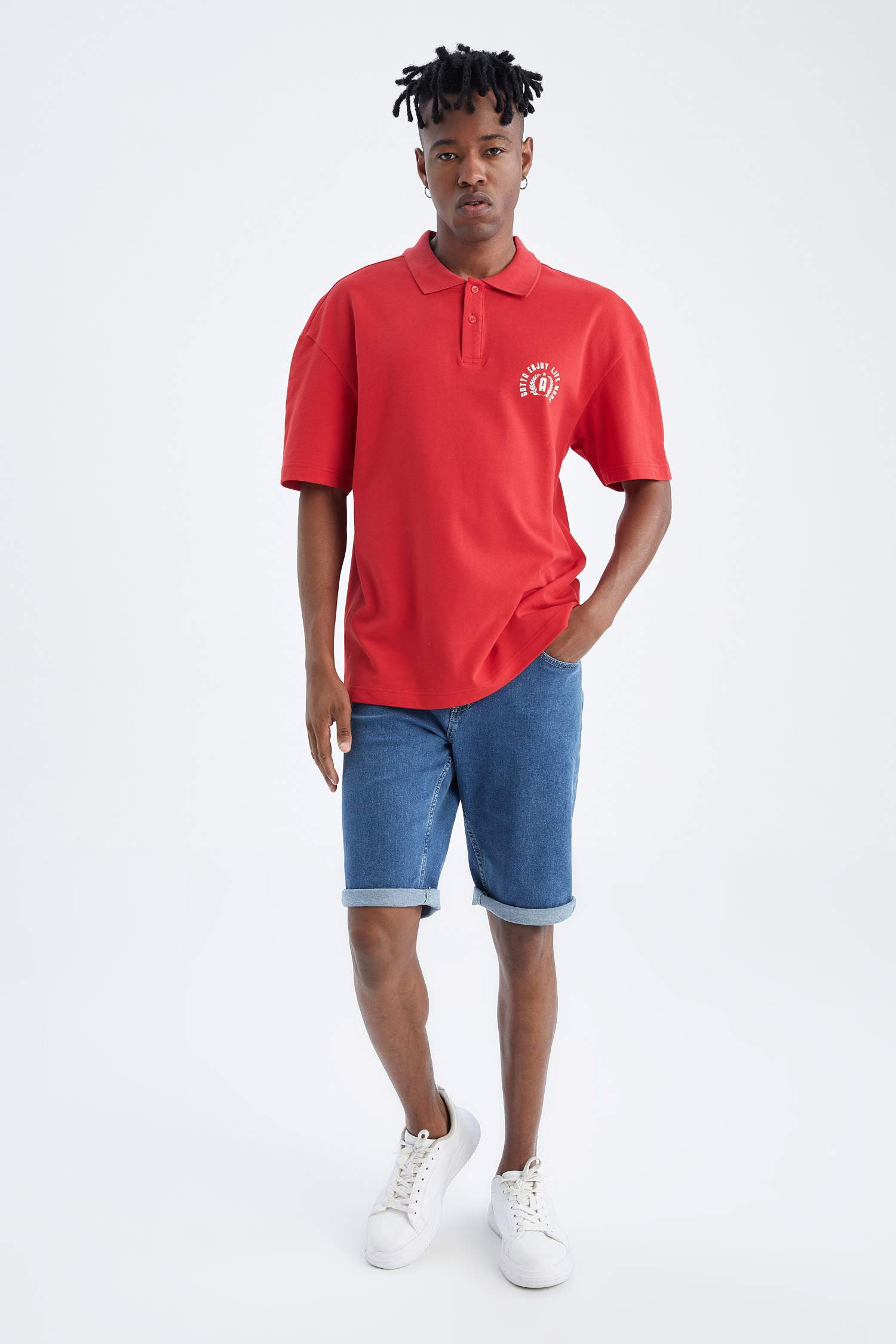 Boxy Fit Polo Neck Printed Cotton Combed Cotton T-Shirt