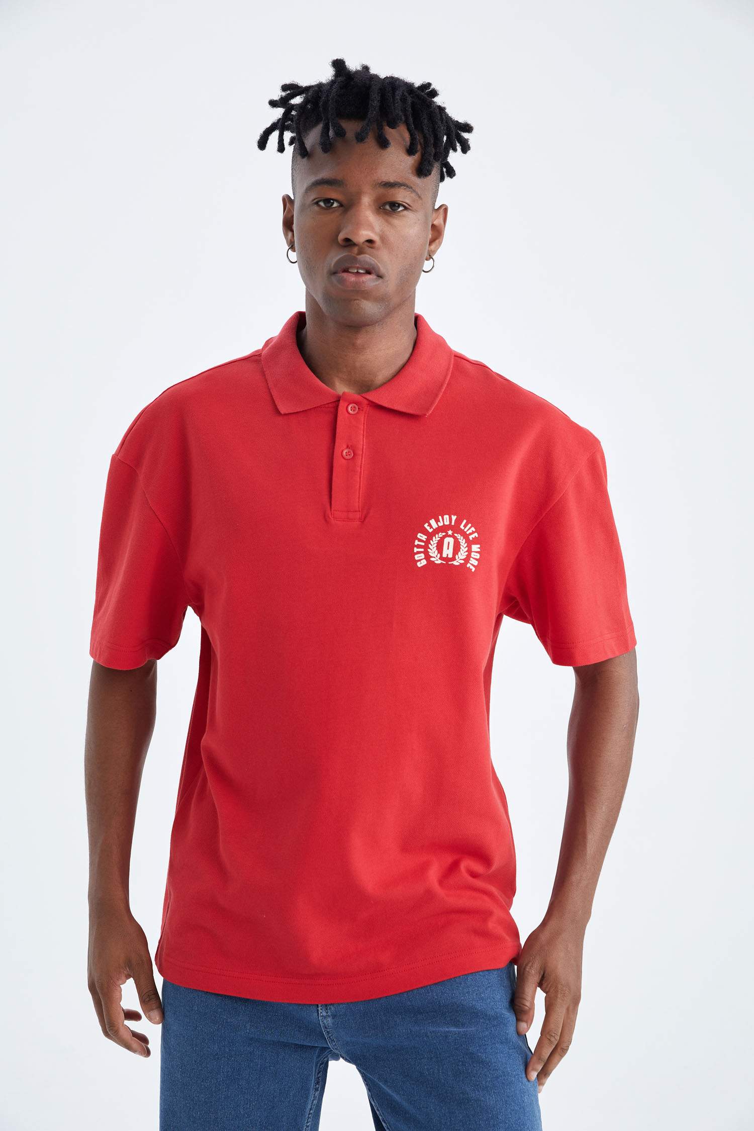 Boxy Fit Polo Neck Printed Cotton Combed Cotton T-Shirt