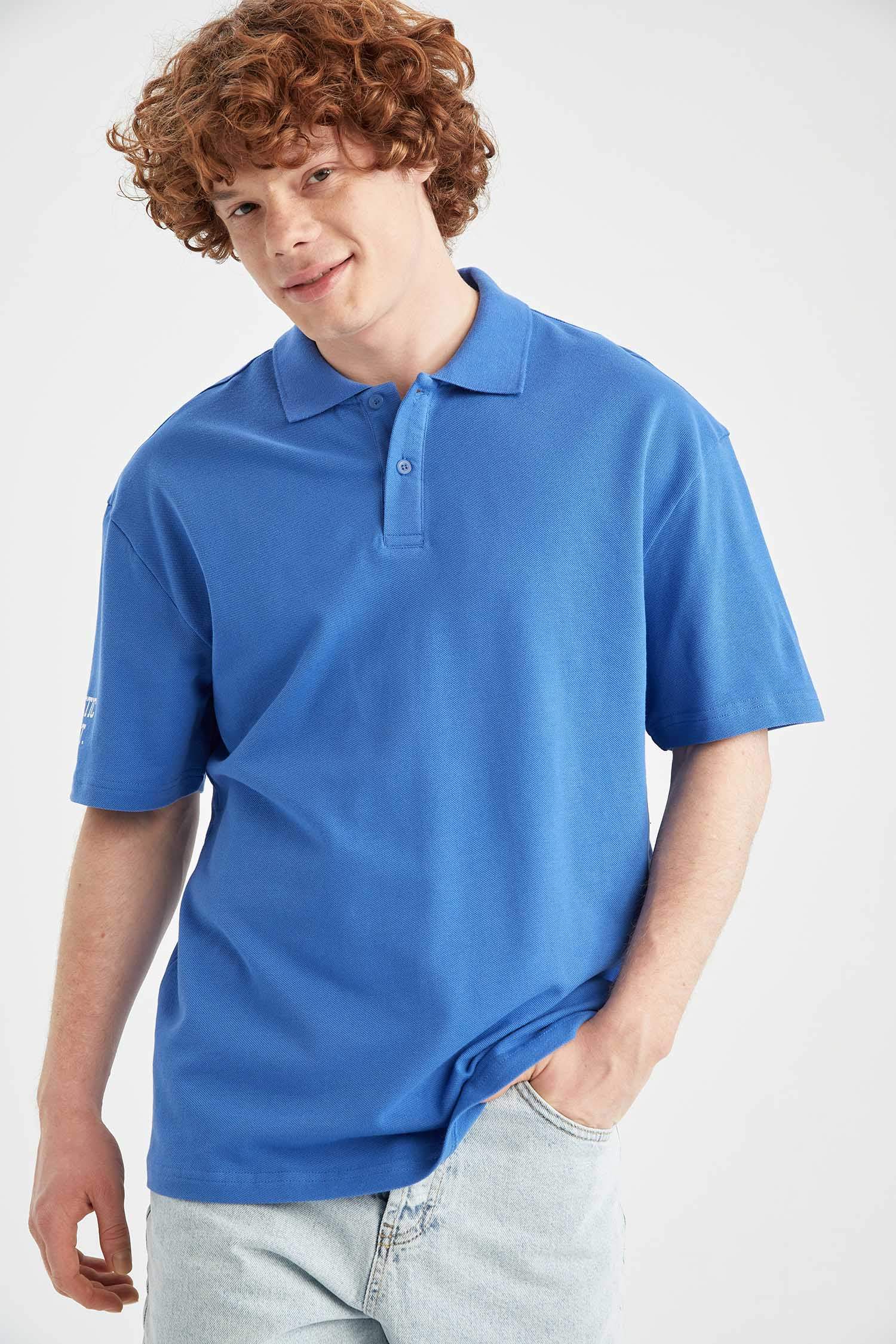 Boxy Fit Polo Neck Printed Cotton Combed Cotton T-Shirt