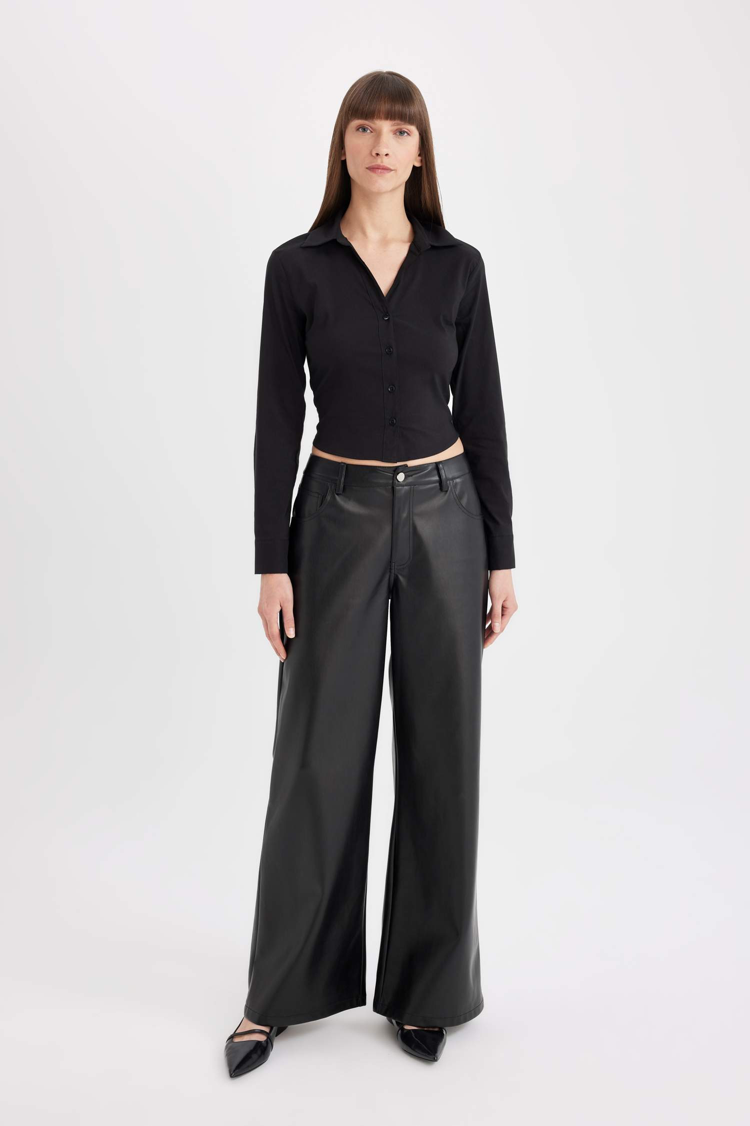 Fitted Bengalin Dokuma Basic Düz Uzun Kollu Siyah Gömlek