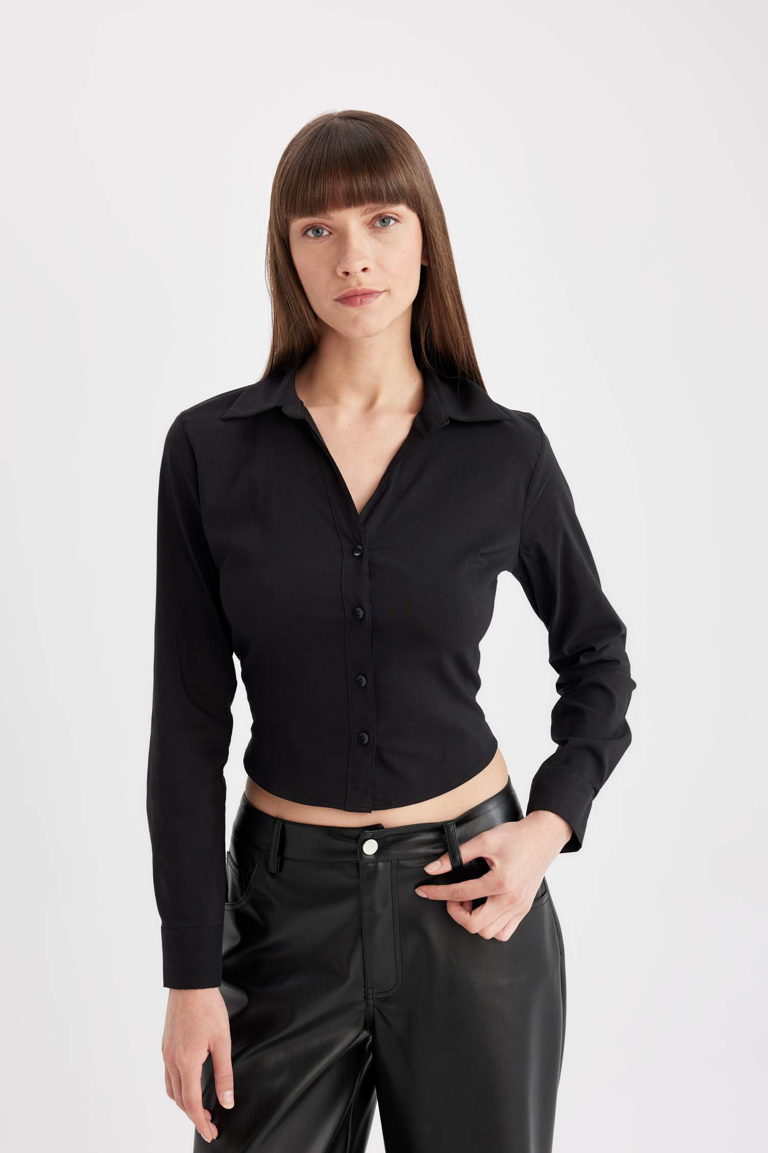 Fitted Bengalin Dokuma Basic Düz Uzun Kollu Siyah Gömlek