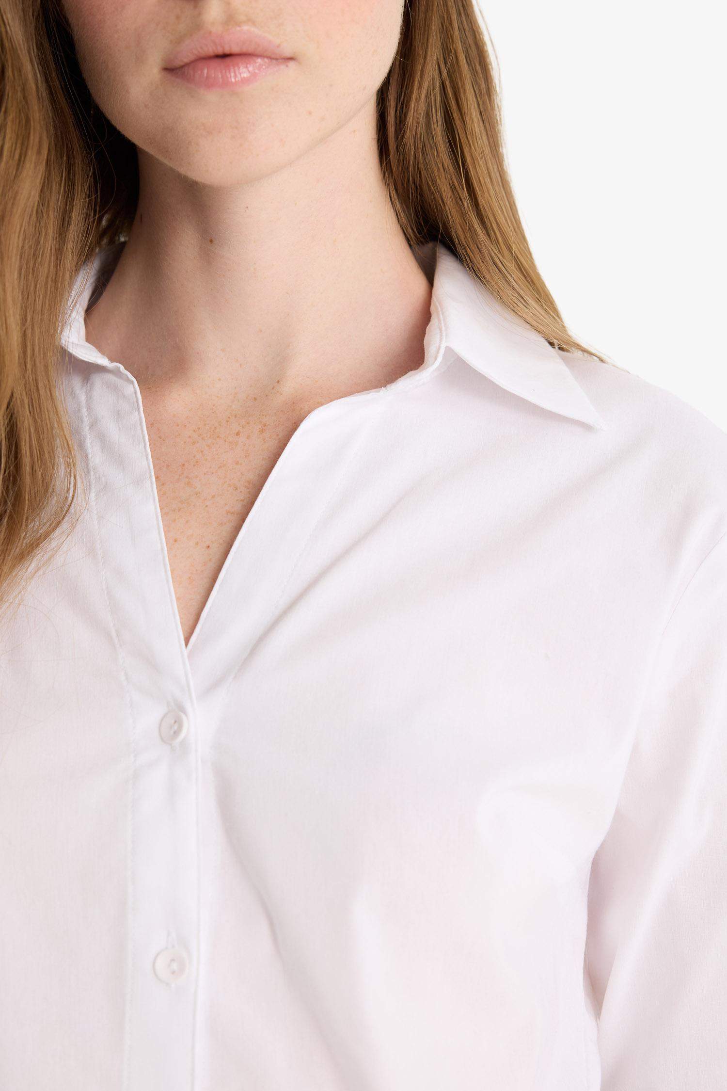 Fitted Bengalin Dokuma Basic Düz Uzun Kollu Beyaz Gömlek