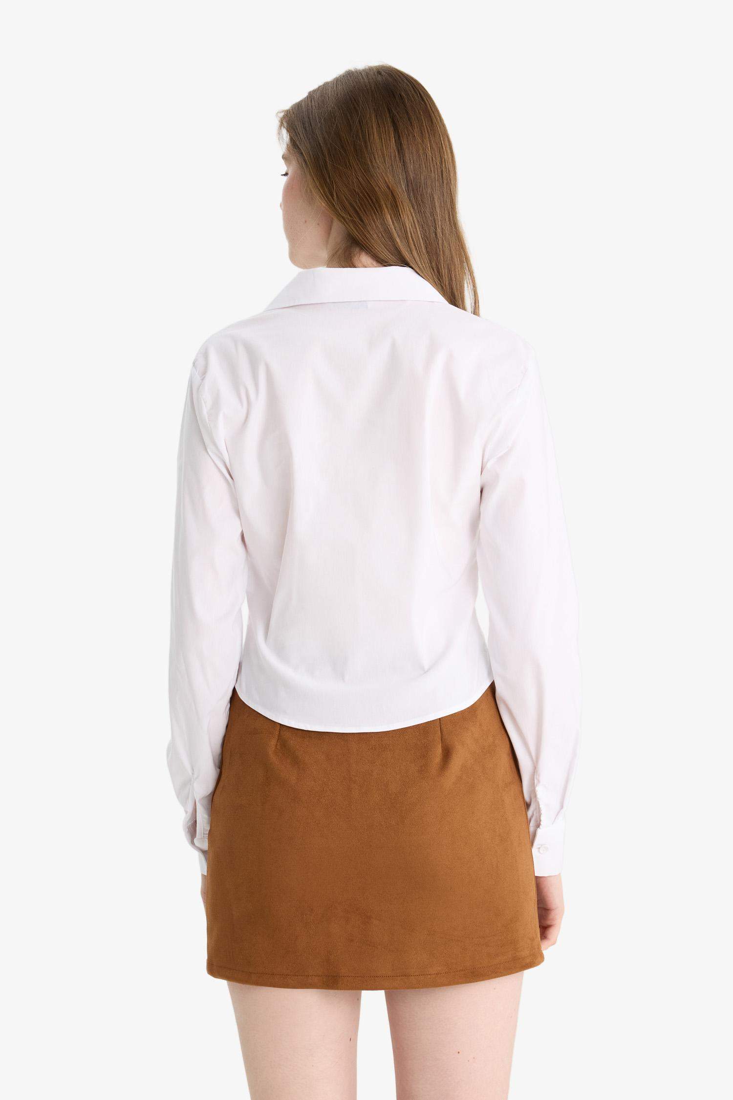 Fitted Bengalin Dokuma Basic Düz Uzun Kollu Beyaz Gömlek