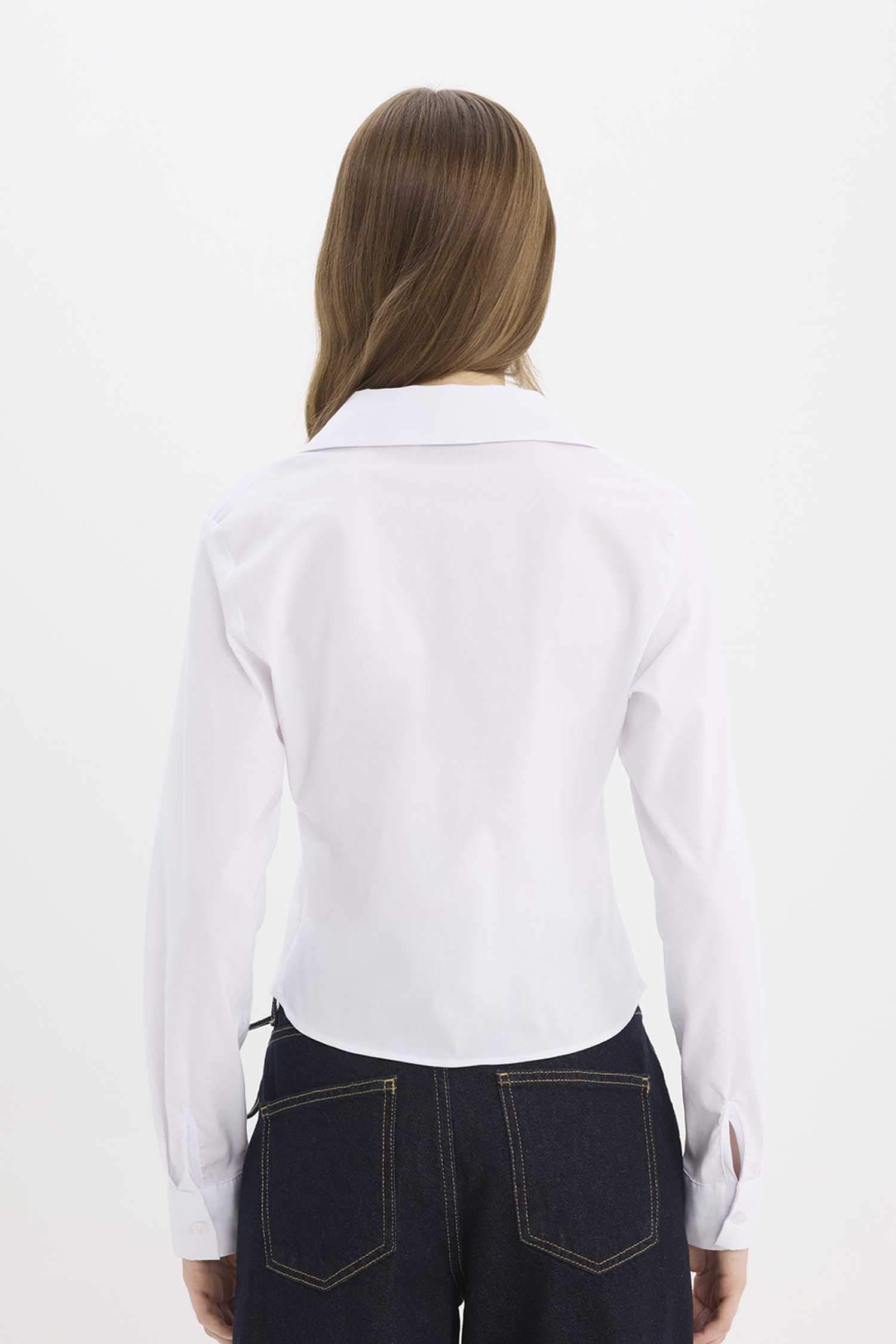 Fitted Bengalin Dokuma Basic Düz Uzun Kollu Beyaz Gömlek