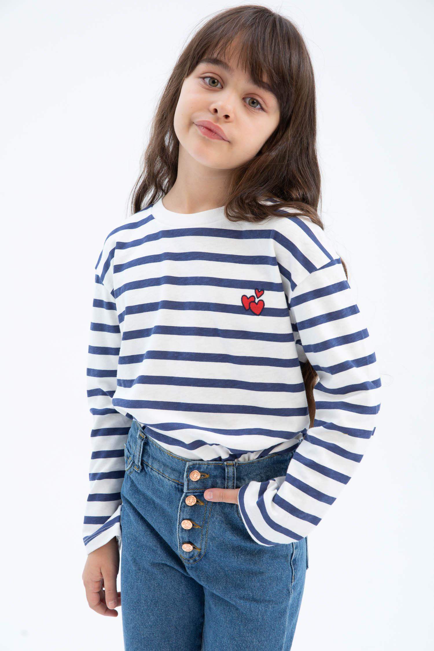 Kız Çocuk Bisiklet Yaka Desenli Uzun Kollu Tişört