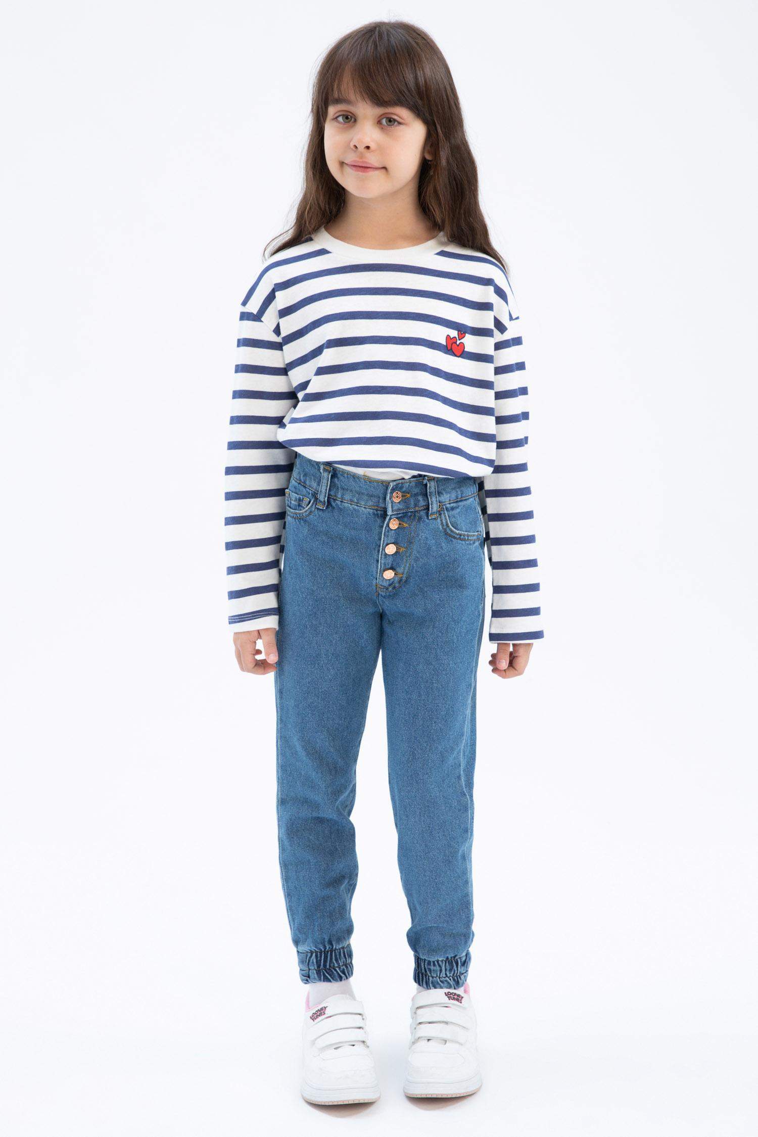 Kız Çocuk Bisiklet Yaka Desenli Uzun Kollu Tişört