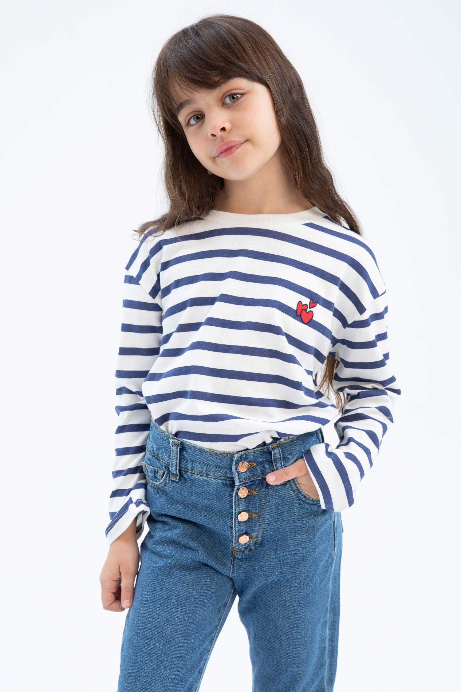 Kız Çocuk Bisiklet Yaka Desenli Uzun Kollu Tişört