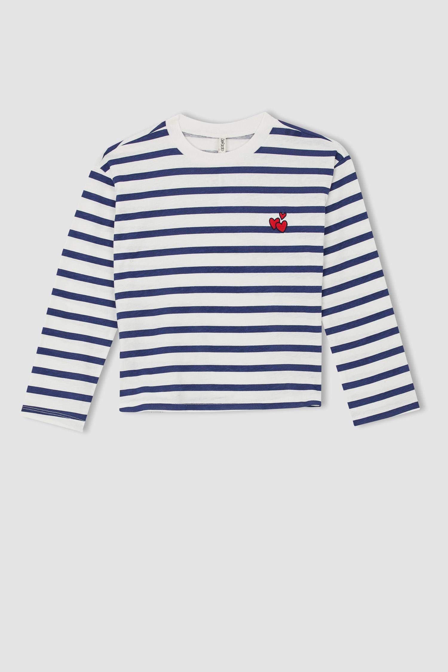 Kız Çocuk Bisiklet Yaka Desenli Uzun Kollu Tişört