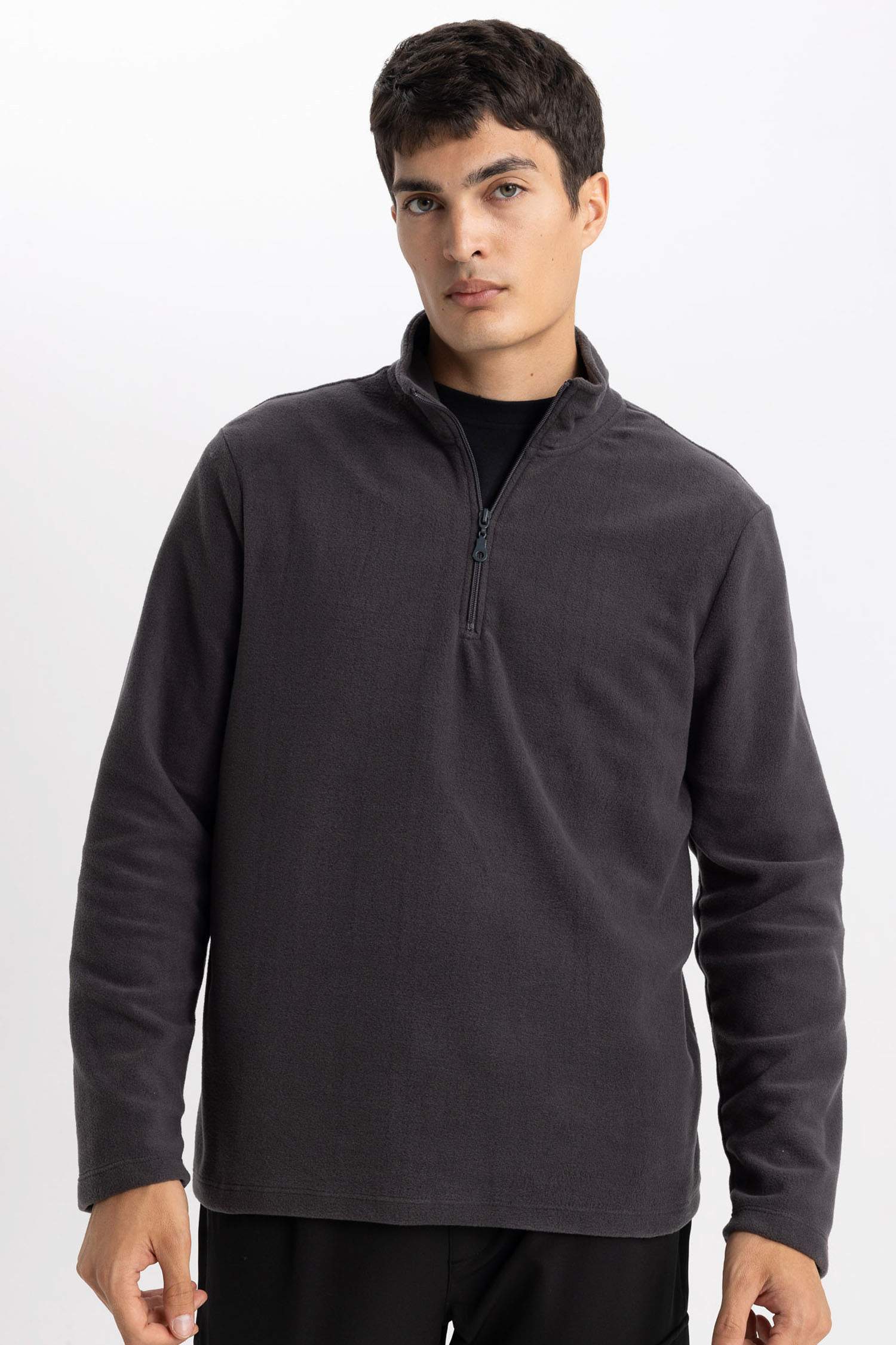 Antrasit Tüylenme Yapmayan Soğuk Geçirmez Regular Fit Dik Yaka Fermuarlı Polar Sweatshirt