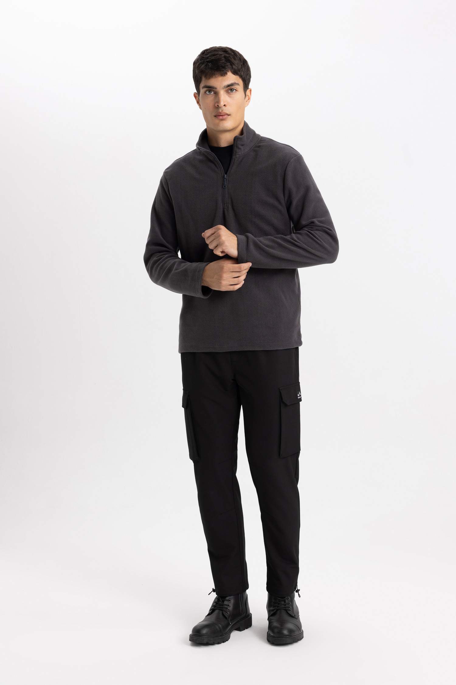 Antrasit Tüylenme Yapmayan Soğuk Geçirmez Regular Fit Dik Yaka Fermuarlı Polar Sweatshirt