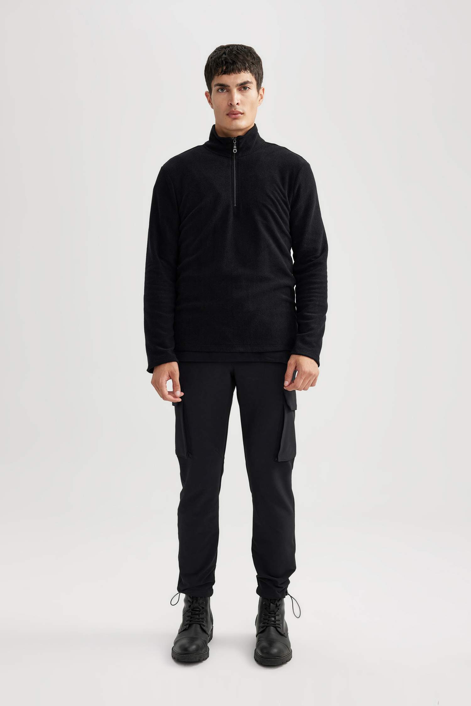 Siyah Tüylenme Yapmayan Soğuk Geçirmez Regular Fit Dik Yaka Fermuarlı Polar Sweatshirt