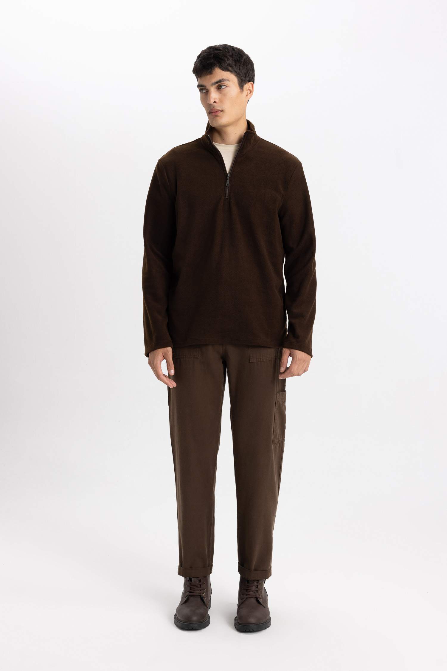 Kahverengi Tüylenme Yapmayan Soğuk Geçirmez Regular Fit Dik Yaka Fermuarlı Polar Sweatshirt