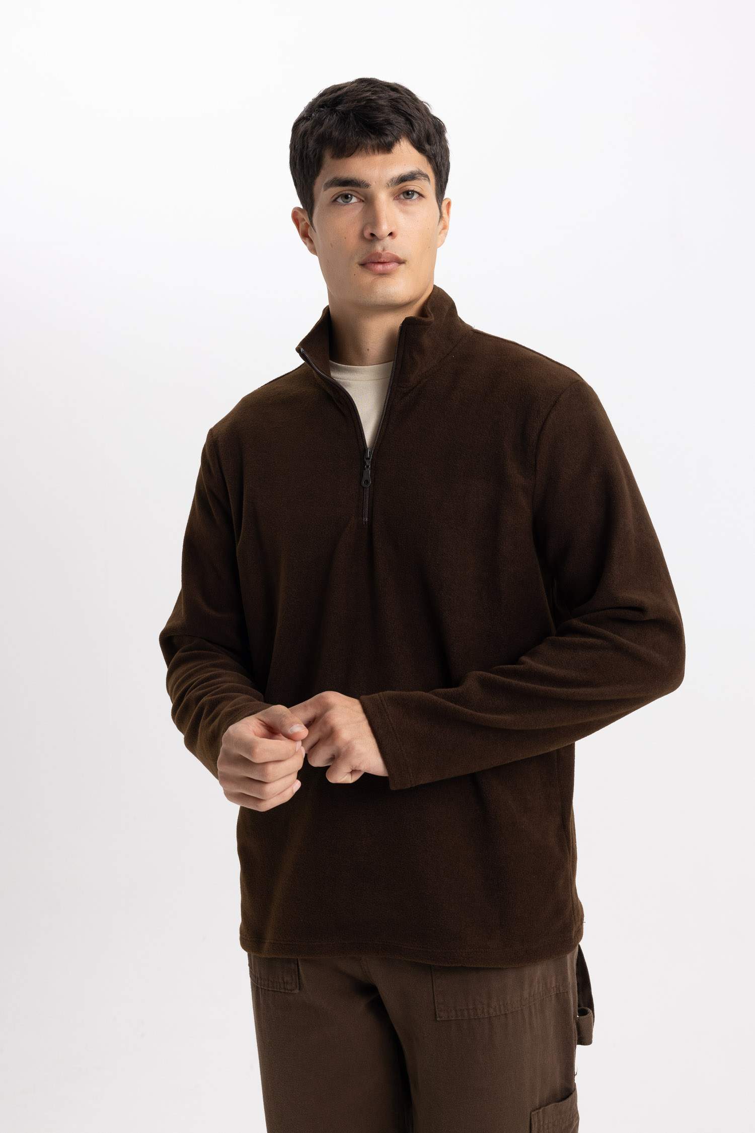 Kahverengi Tüylenme Yapmayan Soğuk Geçirmez Regular Fit Dik Yaka Fermuarlı Polar Sweatshirt