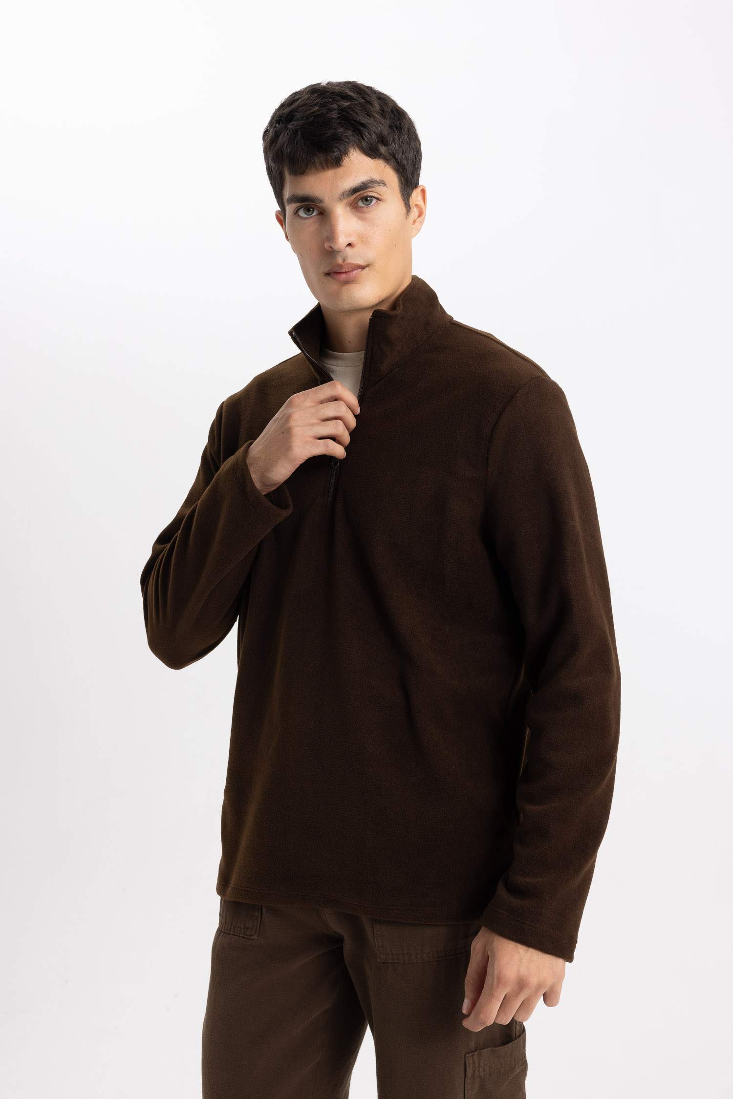 Kahverengi Tüylenme Yapmayan Soğuk Geçirmez Regular Fit Dik Yaka Fermuarlı Polar Sweatshirt