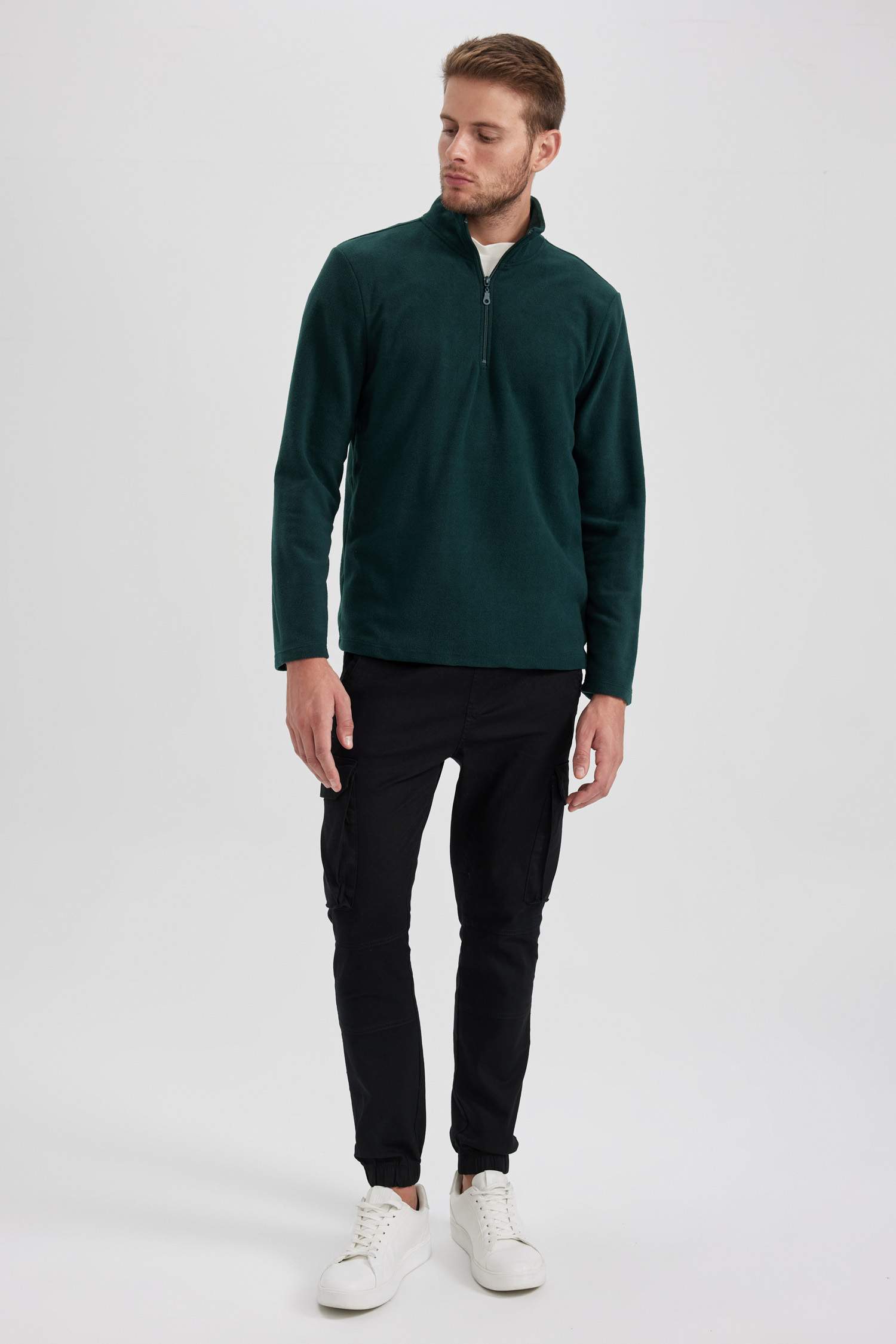 Yeşil Tüylenme Yapmayan Soğuk Geçirmez Regular Fit Dik Yaka Fermuarlı Polar Sweatshirt