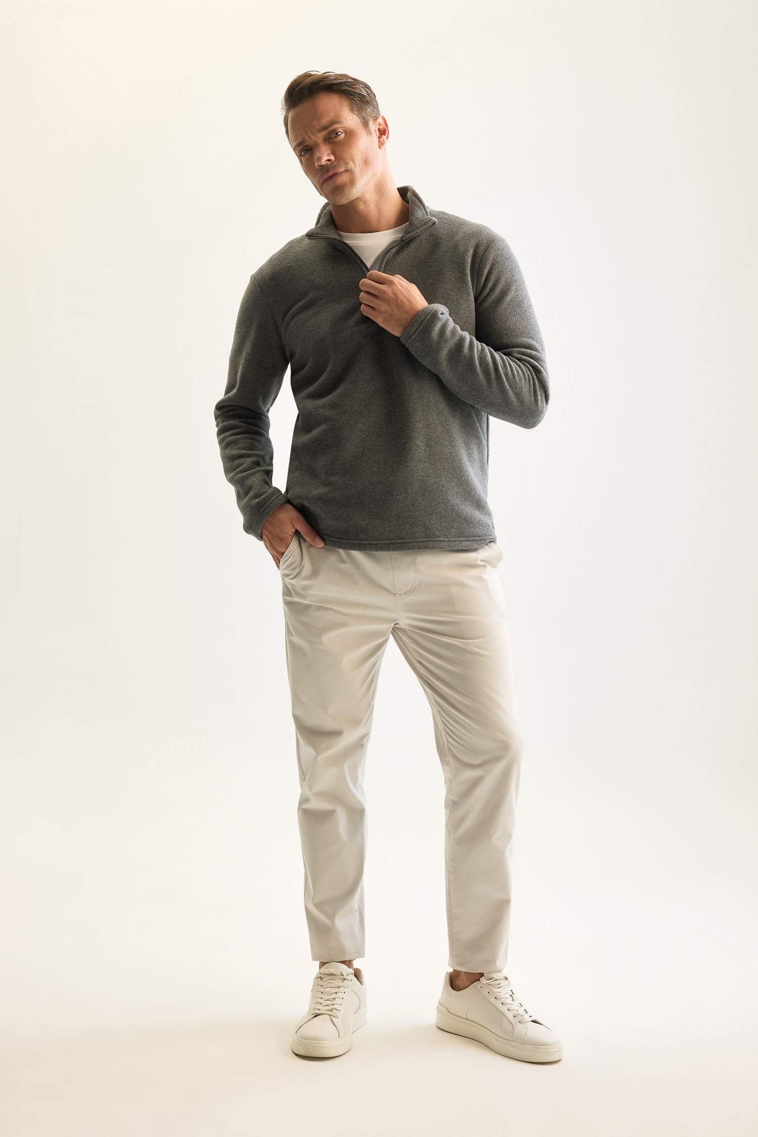 Antrasit Tüylenme Yapmayan Soğuk Geçirmez  Regular Fit Dik Yaka Fermuarlı Polar Sweatshirt