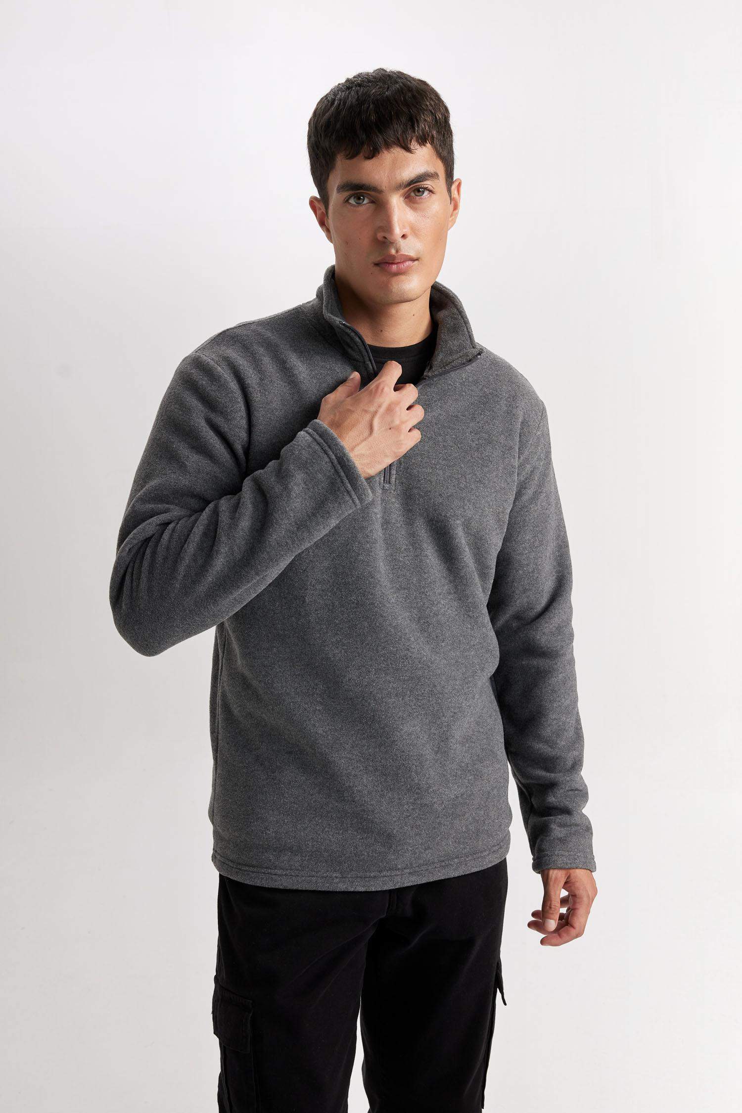 Antrasit Tüylenme Yapmayan Soğuk Geçirmez  Regular Fit Dik Yaka Fermuarlı Polar Sweatshirt