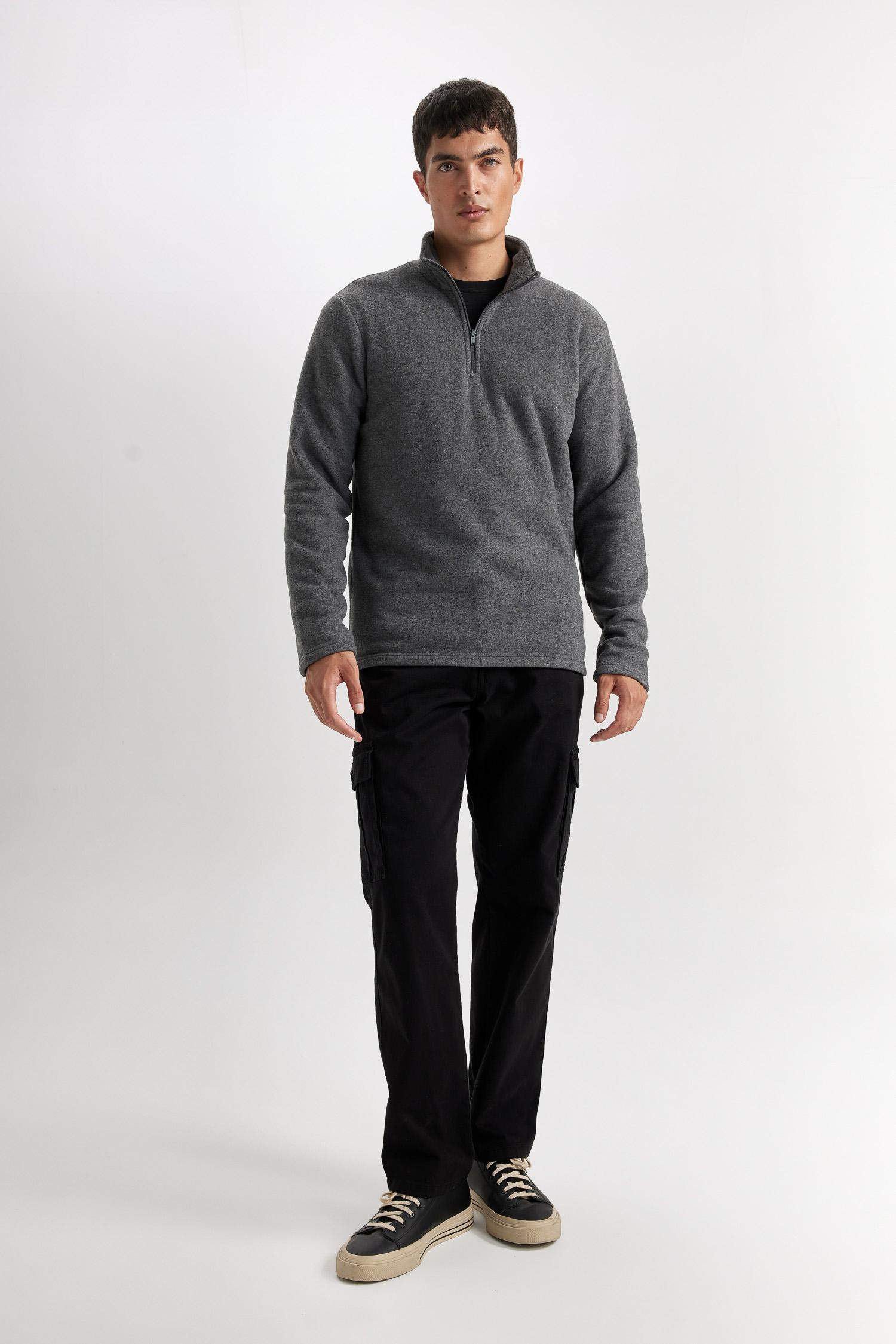Antrasit Tüylenme Yapmayan Soğuk Geçirmez  Regular Fit Dik Yaka Fermuarlı Polar Sweatshirt