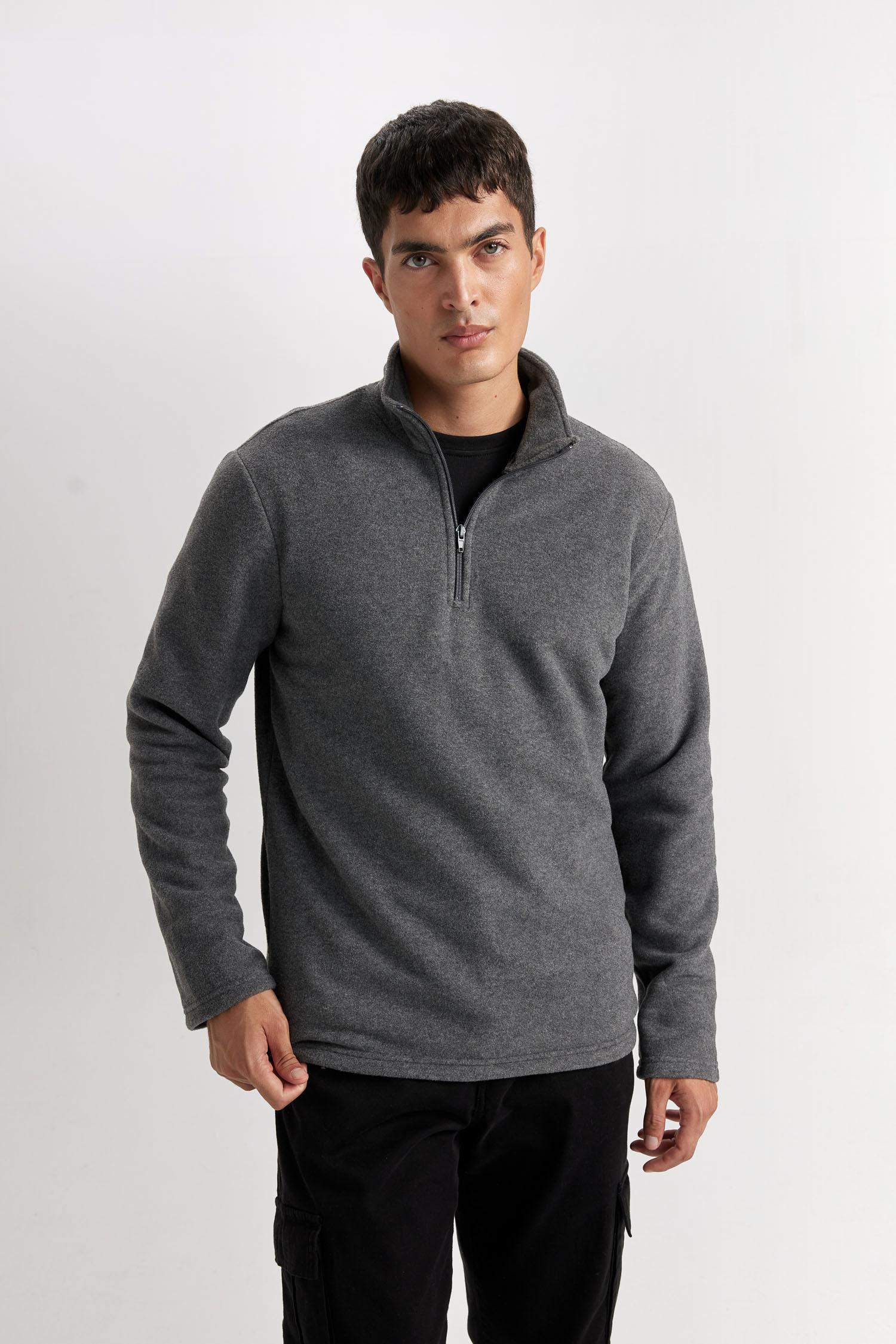 Antrasit Tüylenme Yapmayan Soğuk Geçirmez  Regular Fit Dik Yaka Fermuarlı Polar Sweatshirt