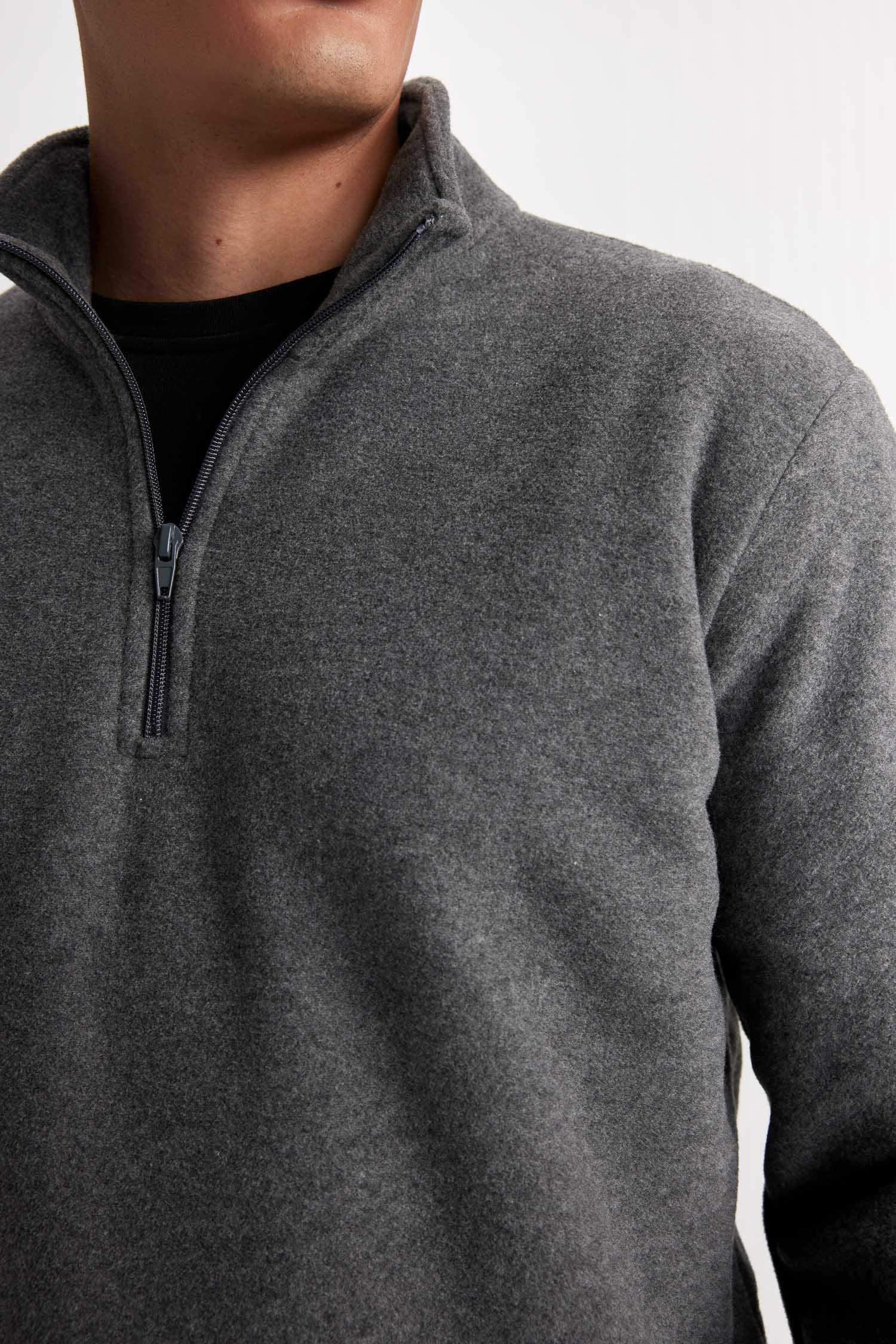 Antrasit Tüylenme Yapmayan Soğuk Geçirmez  Regular Fit Dik Yaka Fermuarlı Polar Sweatshirt