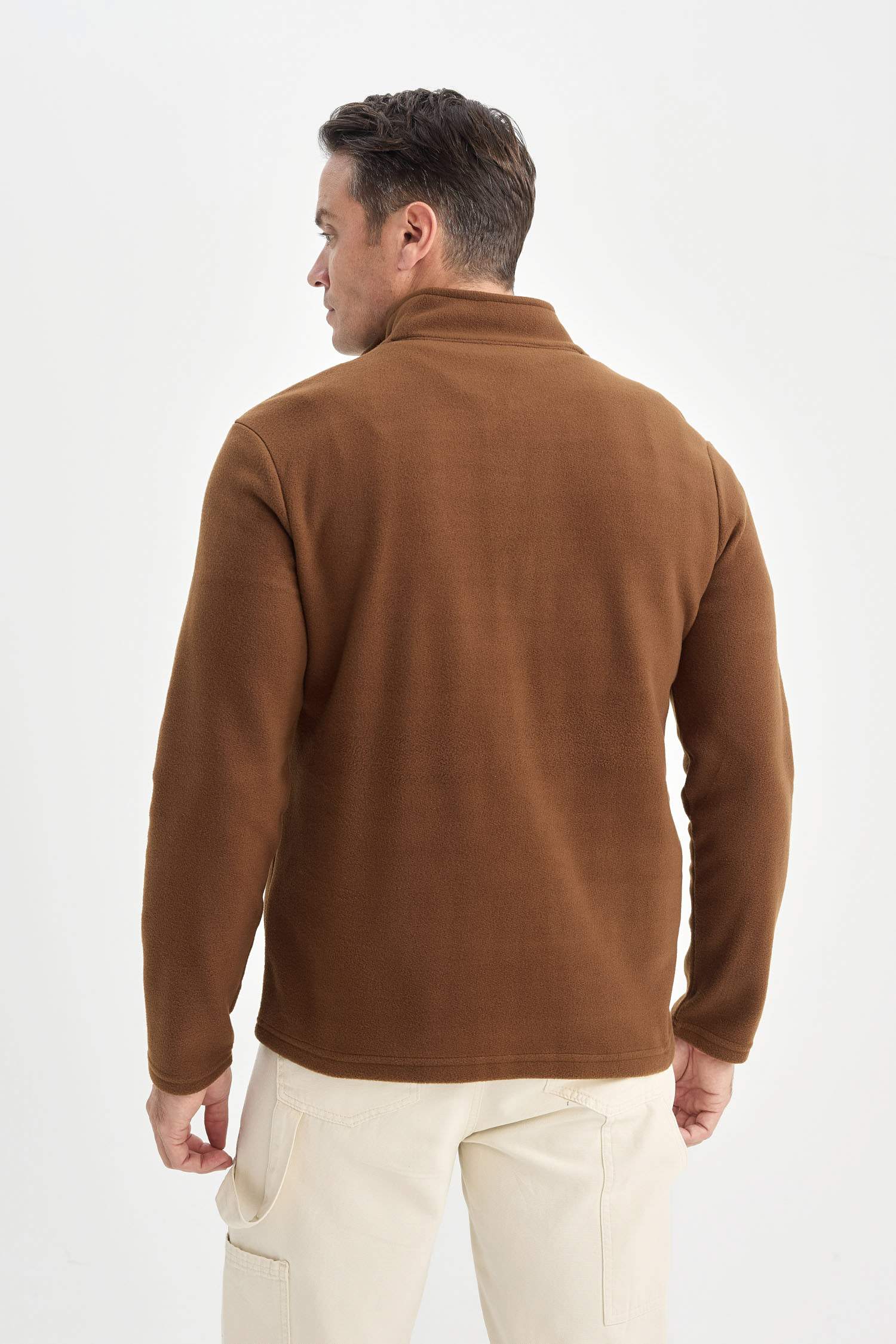 Kahverengi Tüylenme Yapmayan Soğuk Geçirmez Regular Fit Dik Yaka Fermuarlı Polar Sweatshirt