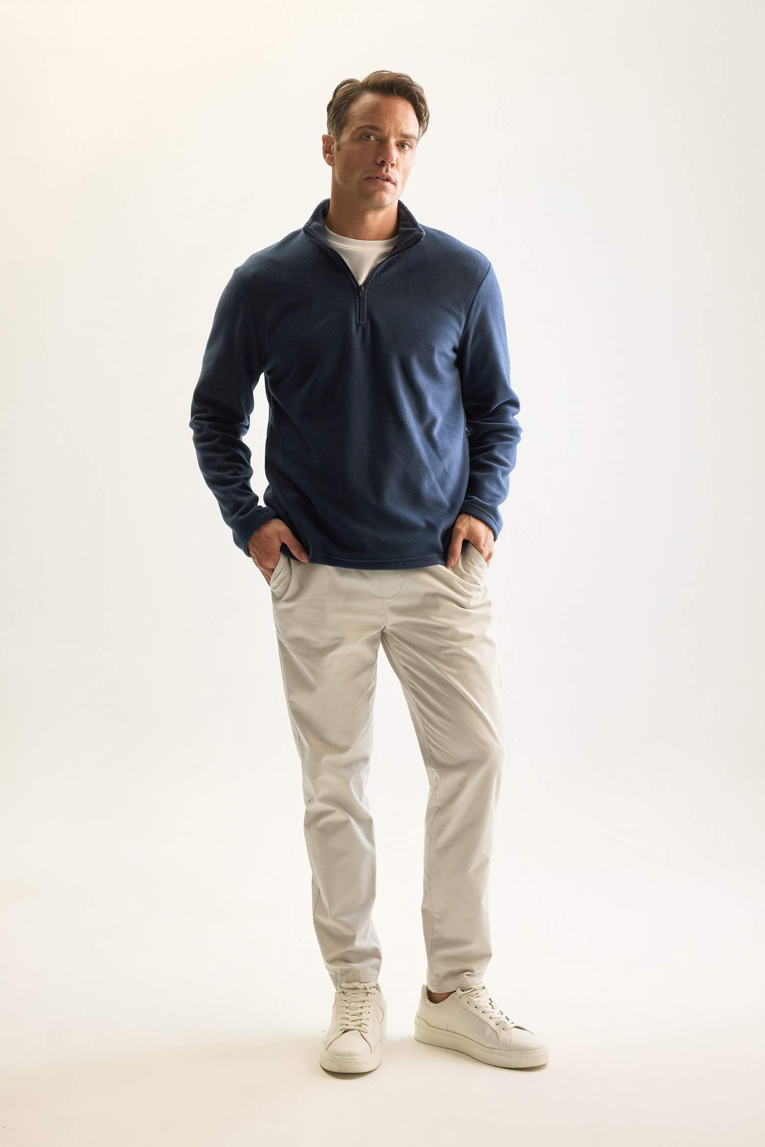 Lacivert Tüylenme Yapmayan Soğuk Geçirmez Regular Fit Dik Yaka Fermuarlı Polar Sweatshirt