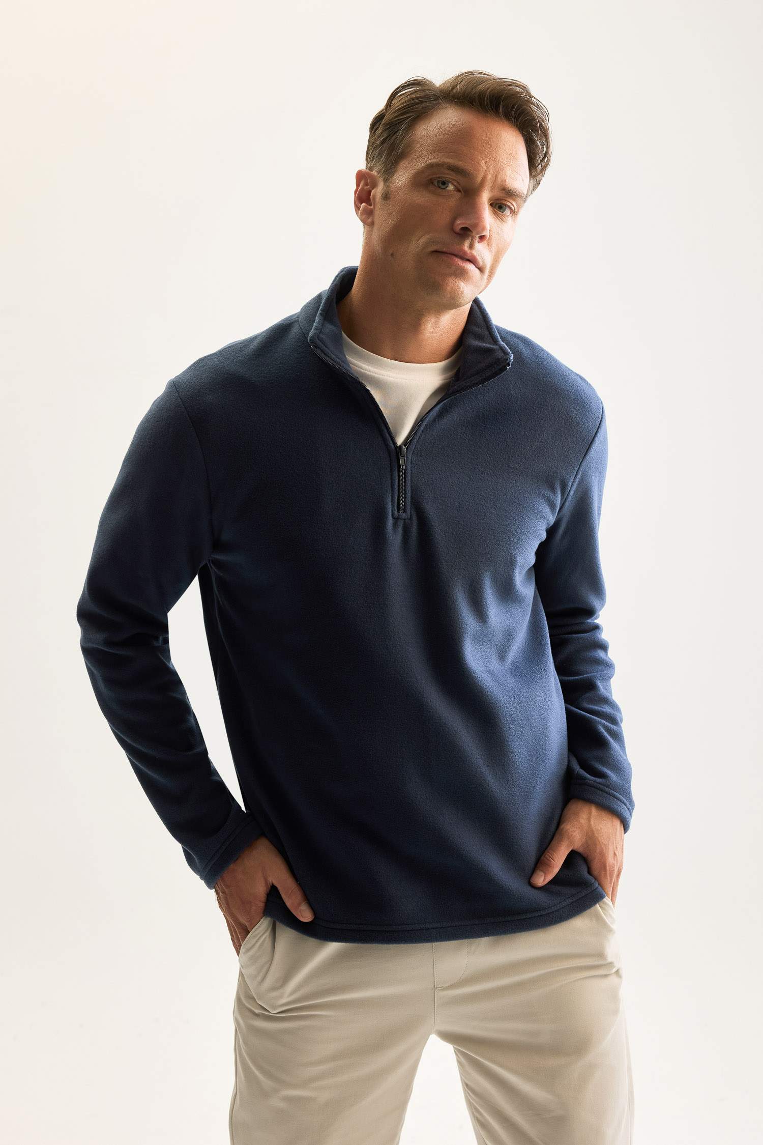 Lacivert Tüylenme Yapmayan Soğuk Geçirmez Regular Fit Dik Yaka Fermuarlı Polar Sweatshirt