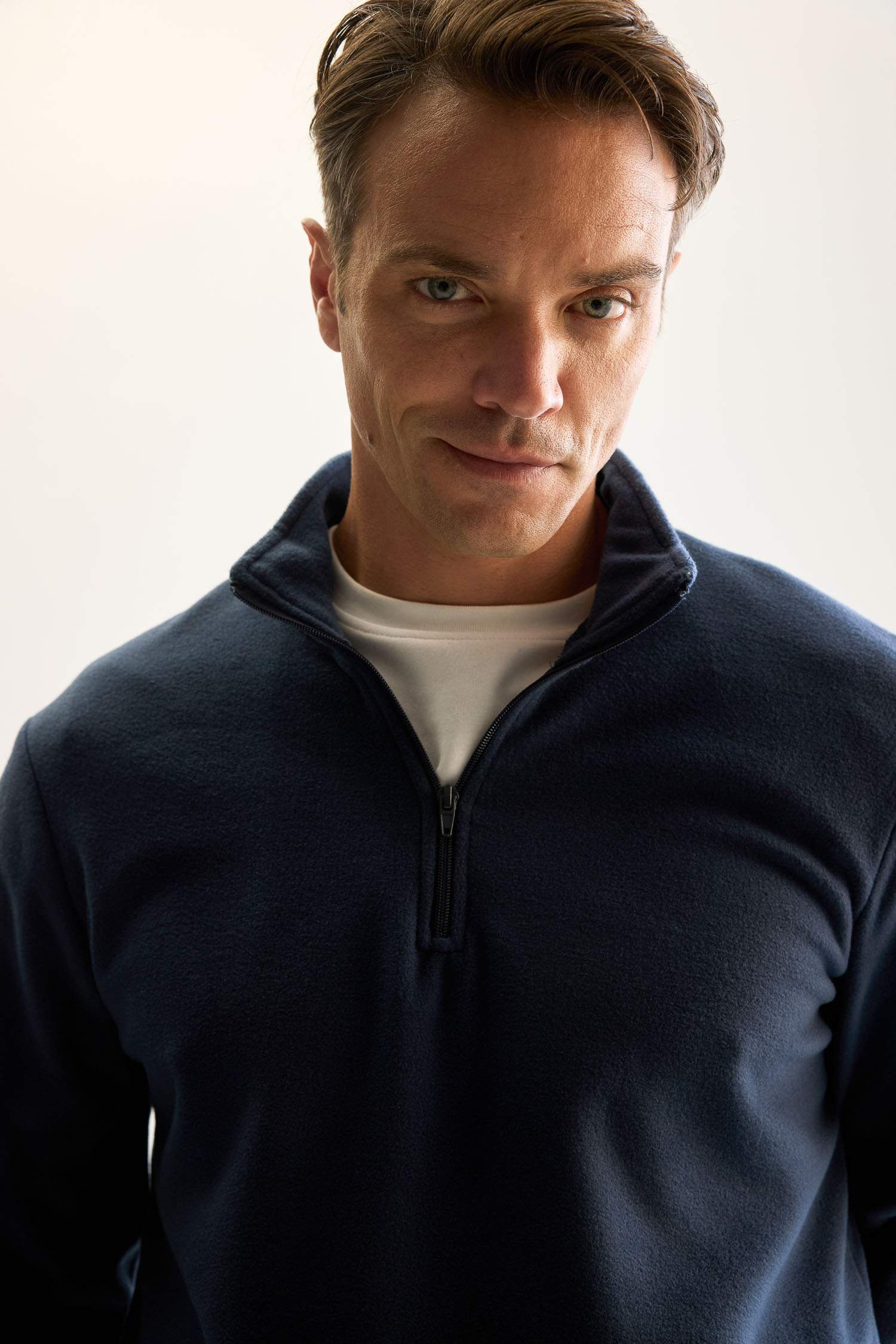 Lacivert Tüylenme Yapmayan Soğuk Geçirmez Regular Fit Dik Yaka Fermuarlı Polar Sweatshirt