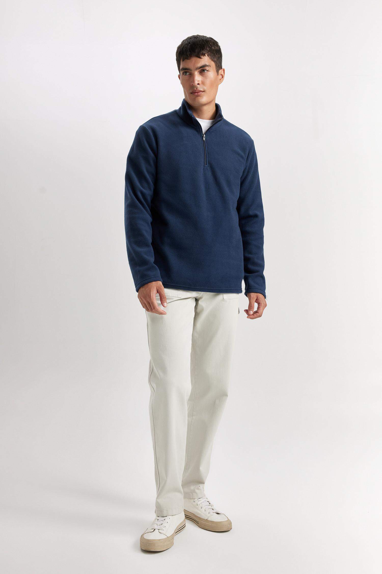 Lacivert Tüylenme Yapmayan Soğuk Geçirmez Regular Fit Dik Yaka Fermuarlı Polar Sweatshirt