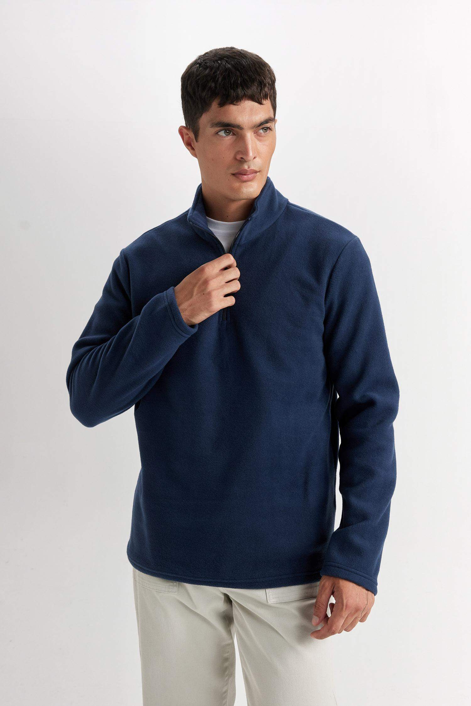 Lacivert Tüylenme Yapmayan Soğuk Geçirmez Regular Fit Dik Yaka Fermuarlı Polar Sweatshirt