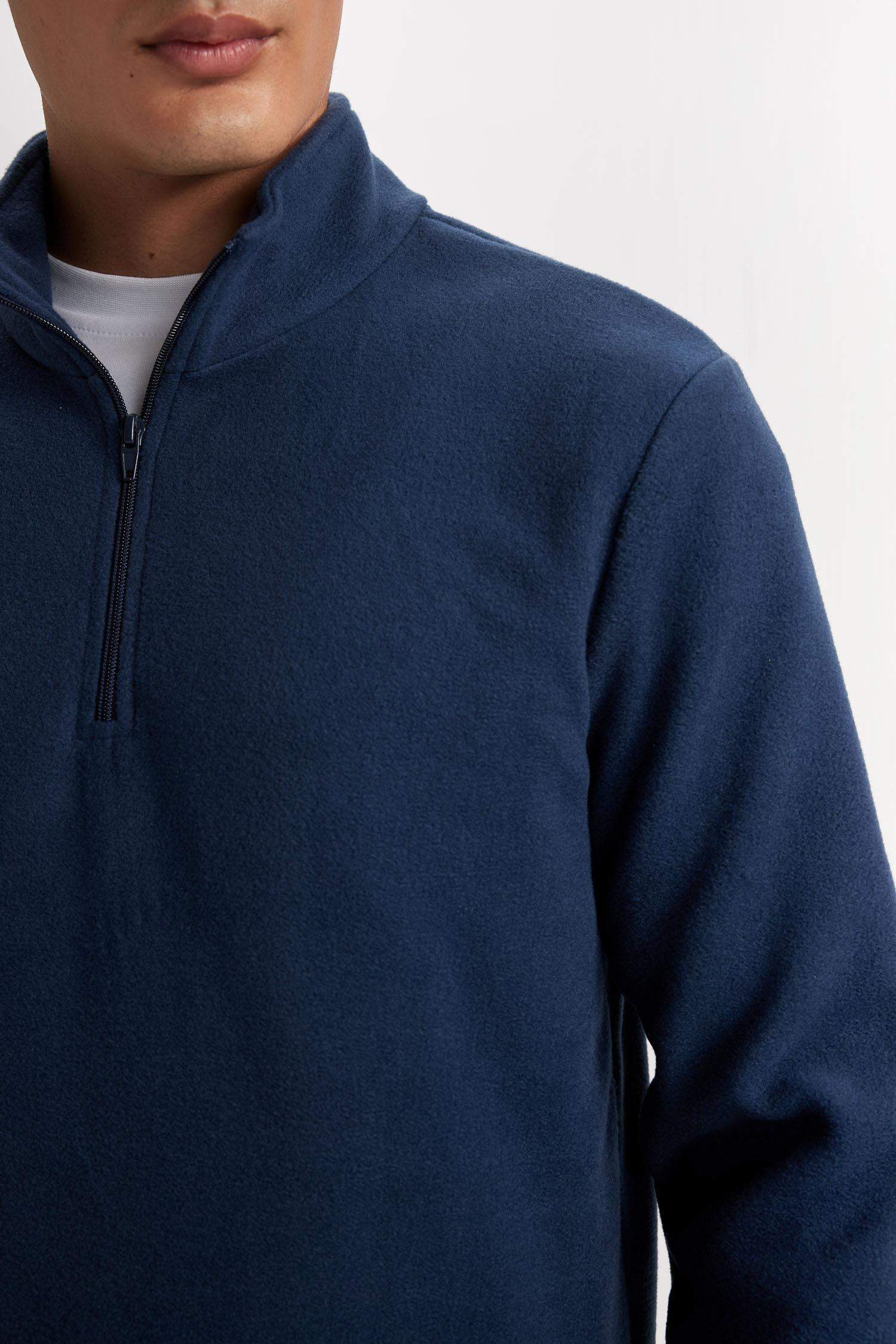 Lacivert Tüylenme Yapmayan Soğuk Geçirmez Regular Fit Dik Yaka Fermuarlı Polar Sweatshirt
