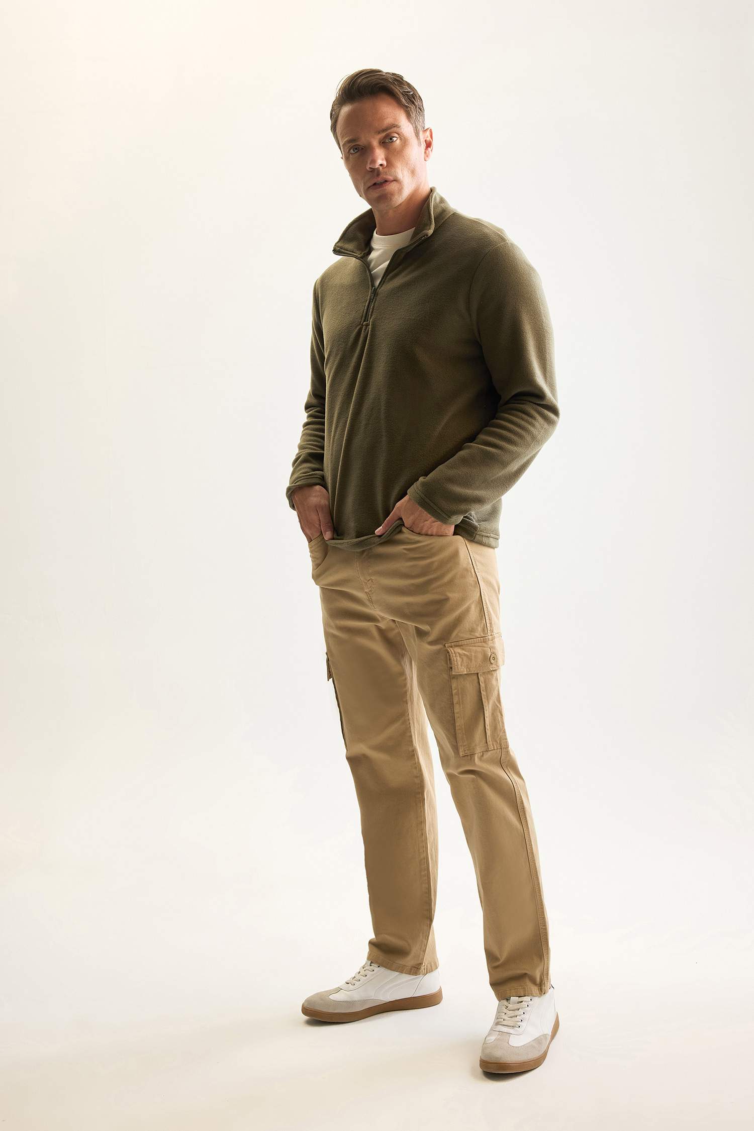 Haki Tüylenme Yapmayan Soğuk Geçirmez  Regular Fit Dik Yaka Fermuarlı Polar Sweatshirt