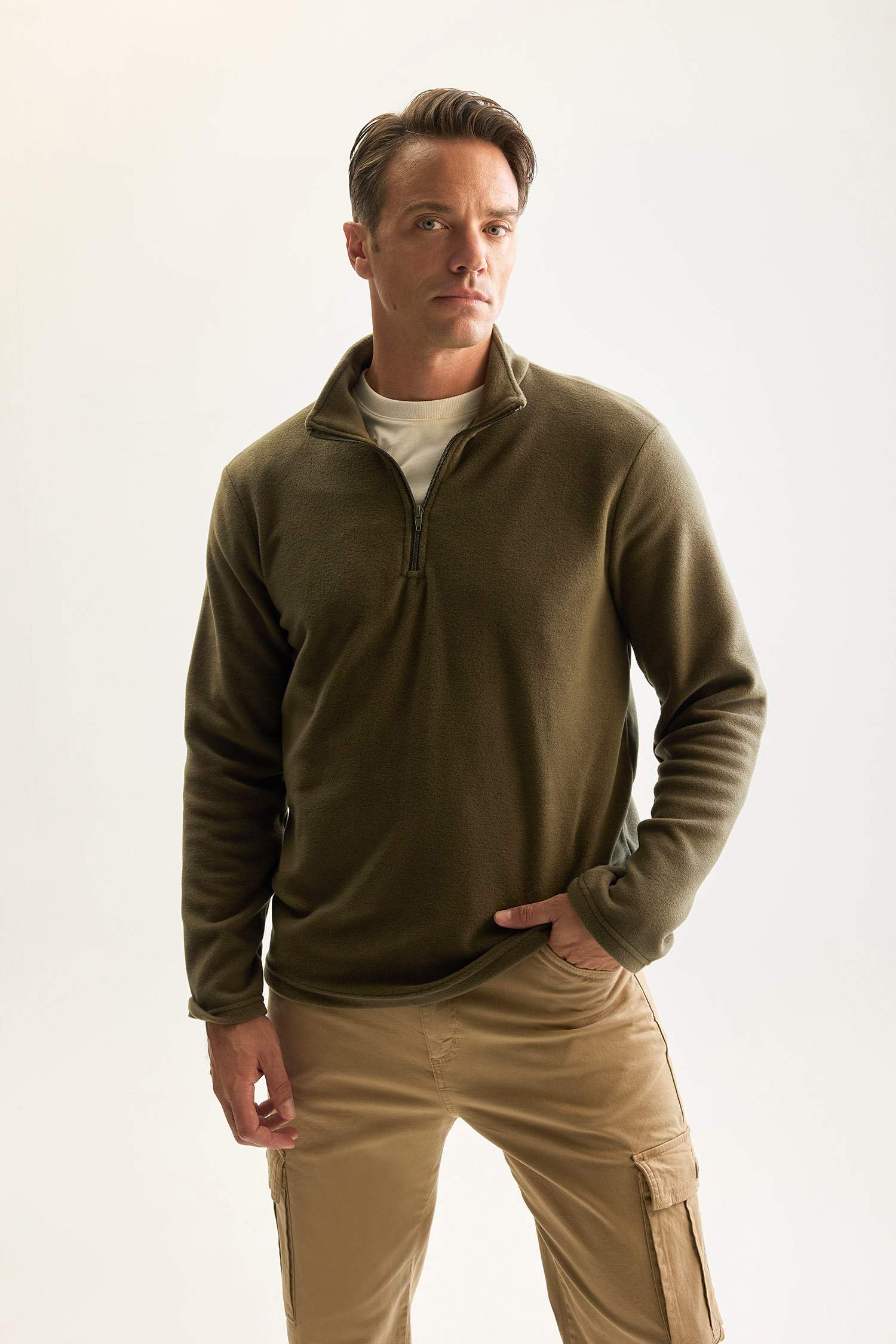 Haki Tüylenme Yapmayan Soğuk Geçirmez  Regular Fit Dik Yaka Fermuarlı Polar Sweatshirt