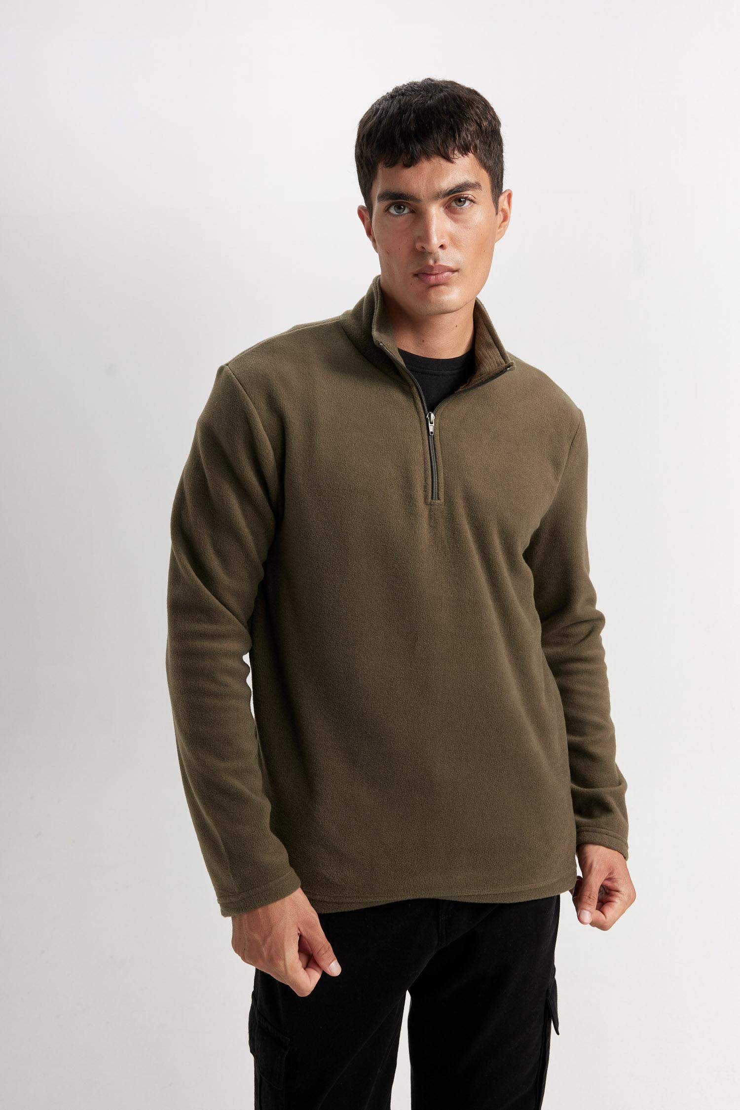 Haki Tüylenme Yapmayan Soğuk Geçirmez  Regular Fit Dik Yaka Fermuarlı Polar Sweatshirt