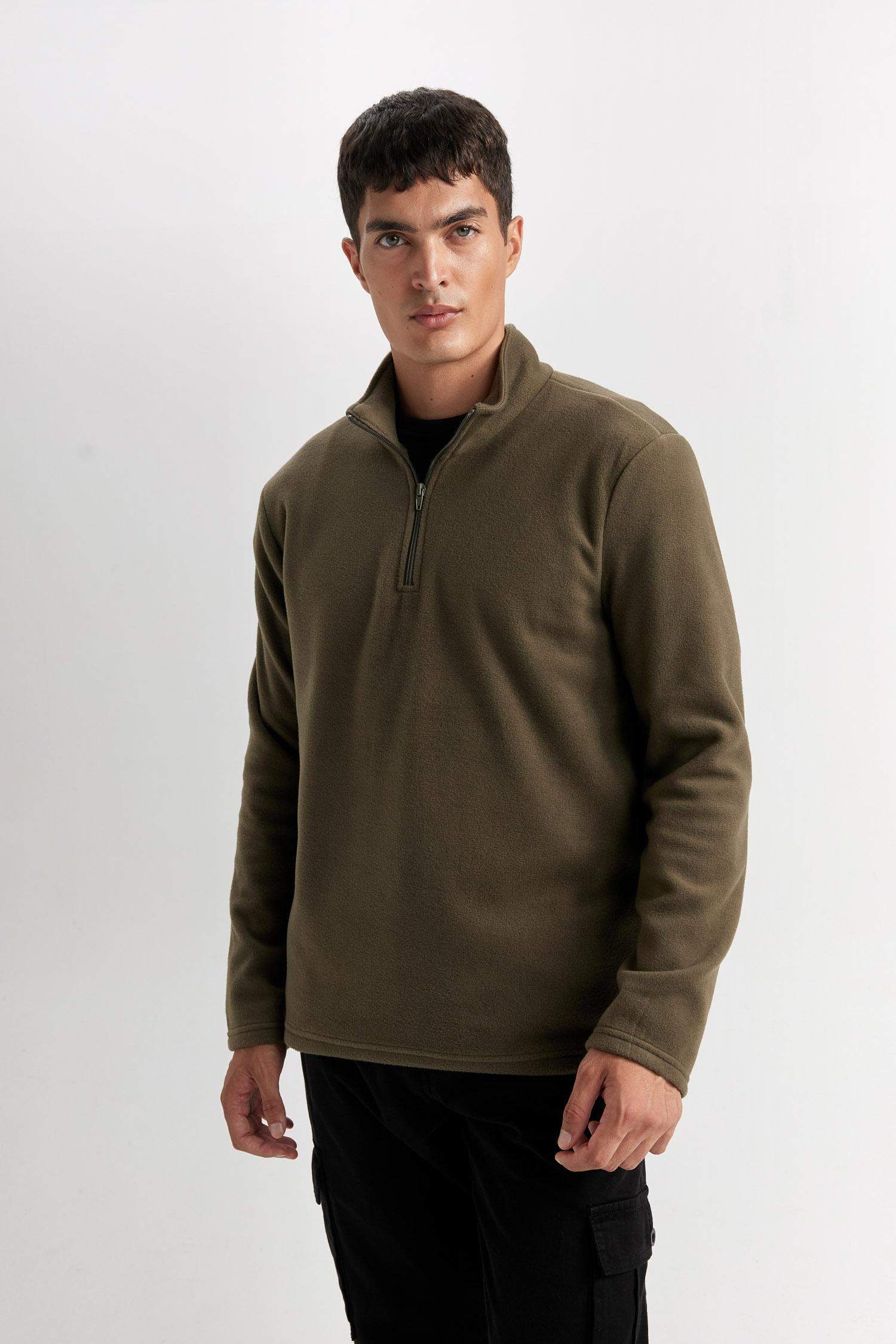 Haki Tüylenme Yapmayan Soğuk Geçirmez  Regular Fit Dik Yaka Fermuarlı Polar Sweatshirt