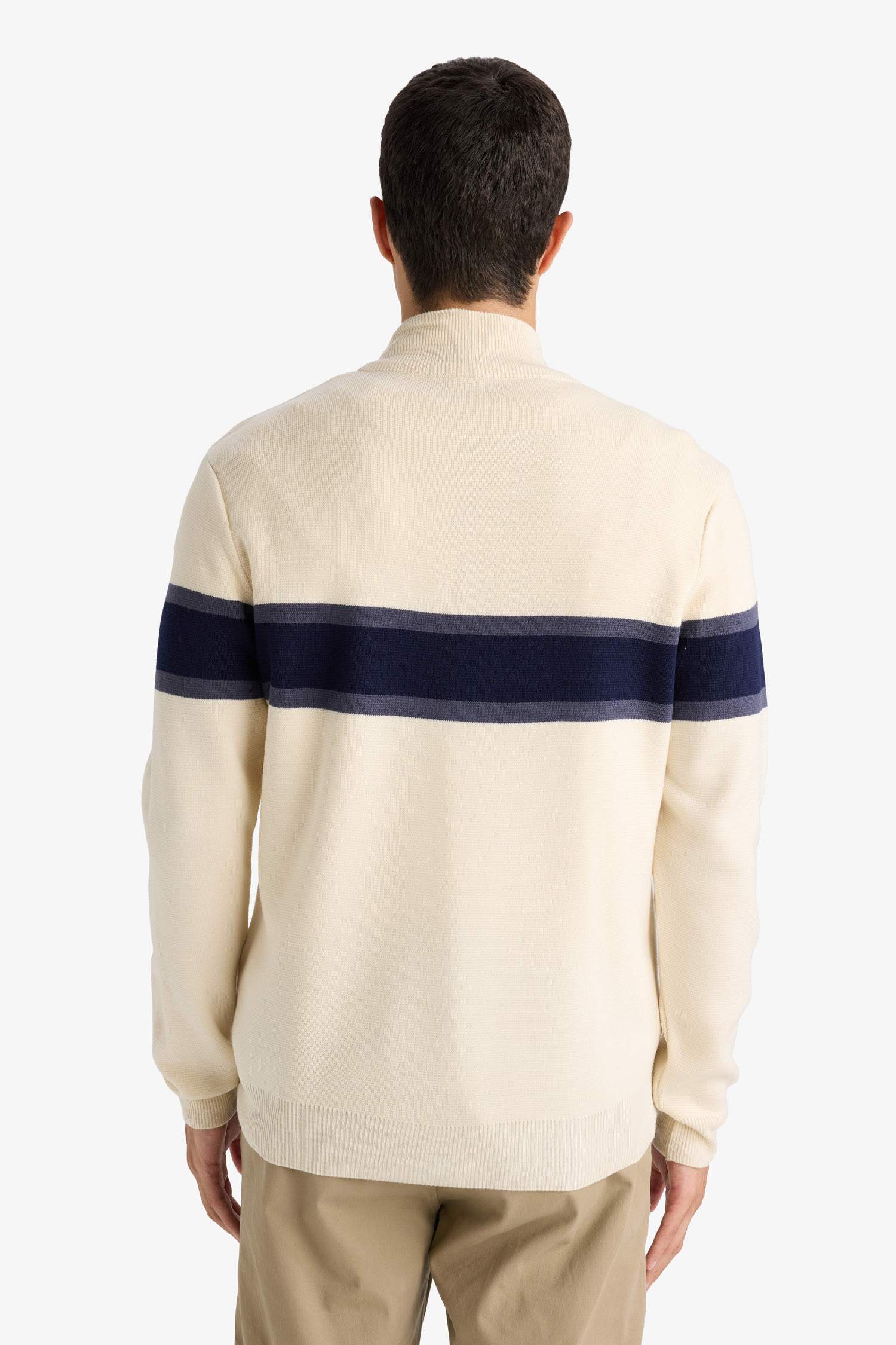 Erkek Bej Standart Fit Normal Kesim Balıkçı Yaka Yarı Fermuarlı Çizgili Triko Kazak