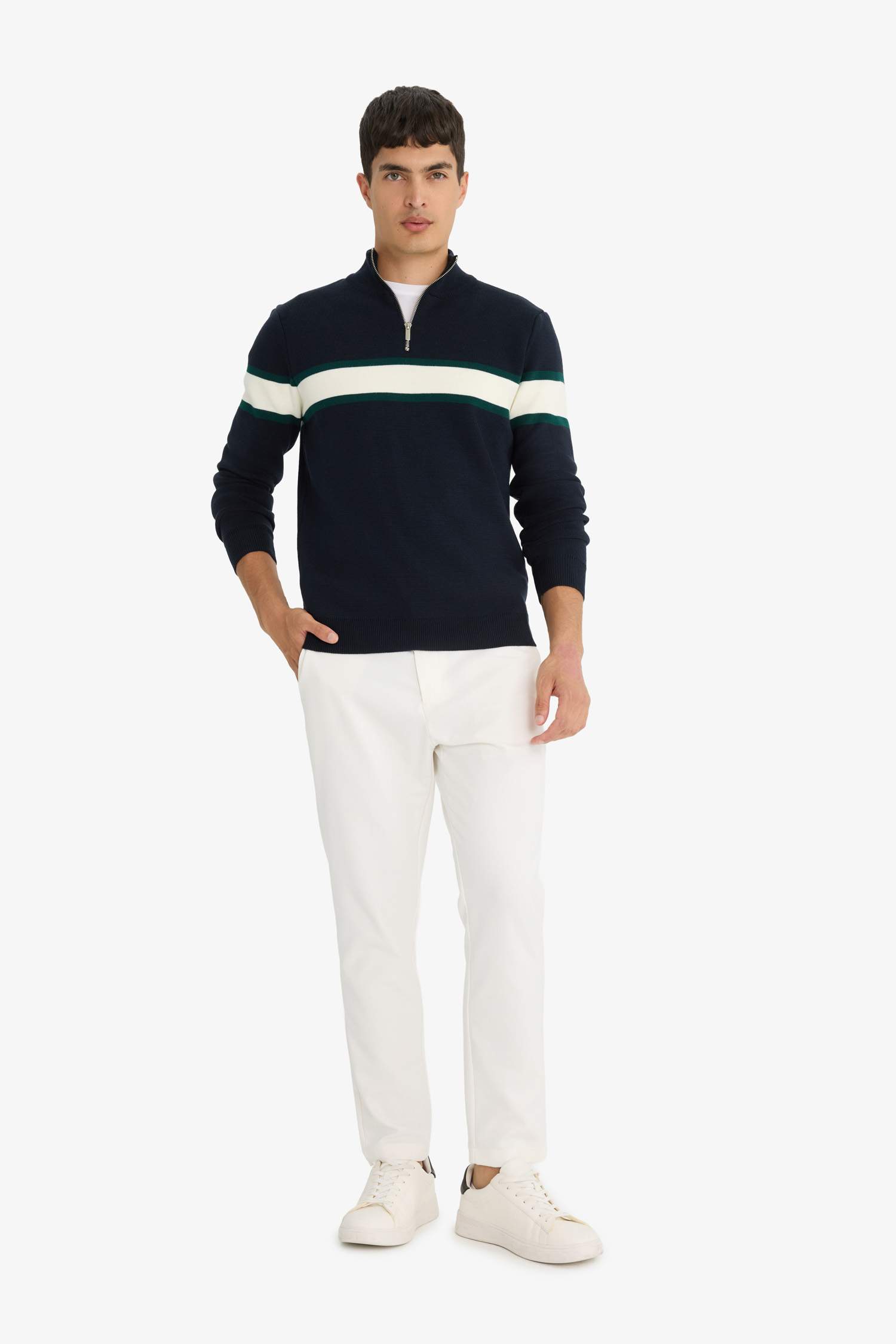 Standart Fit Dik Yaka Fermuarlı Renk Bloklu Triko Kazak