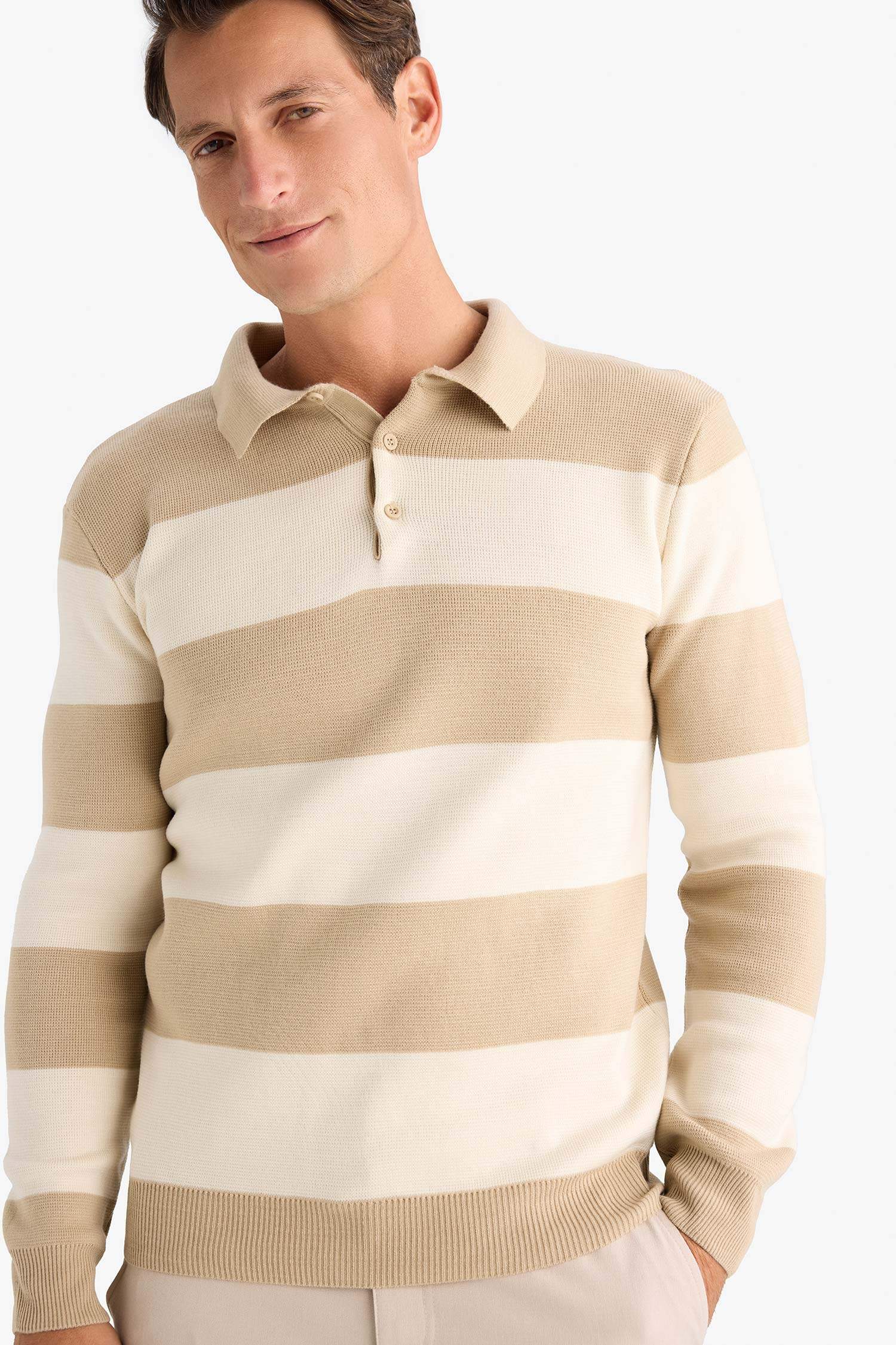 Standart Fit Polo Yaka Düğmeli Renk Bloklu Triko Kazak