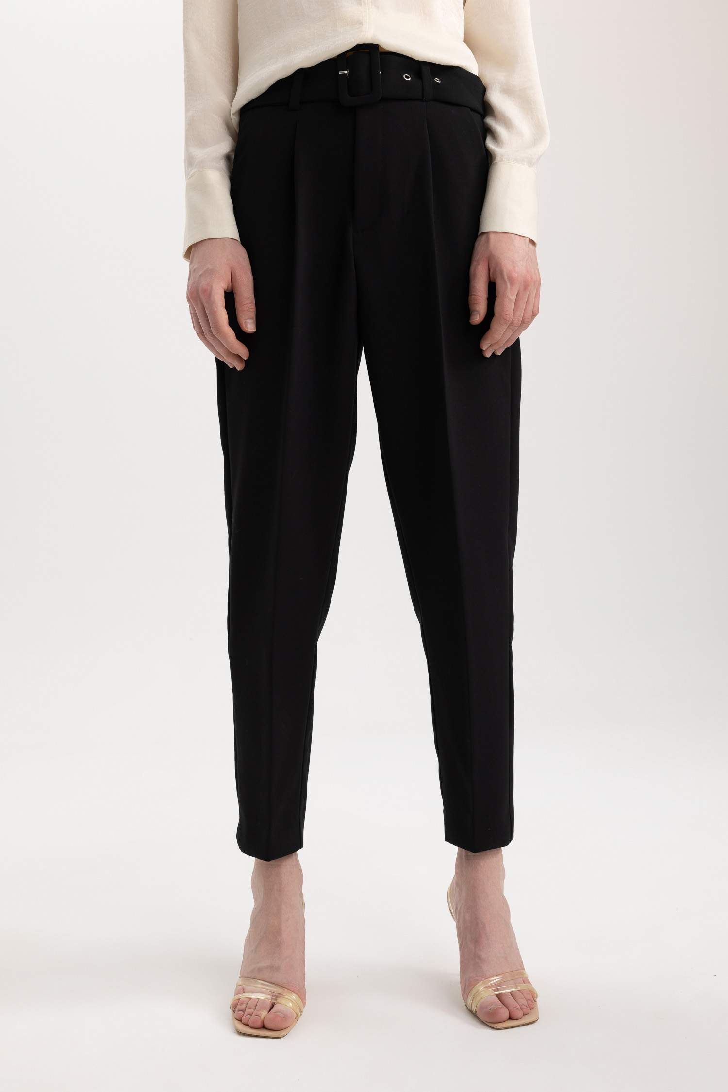 Slim Fit High Waist Pocketed Textured Trousers