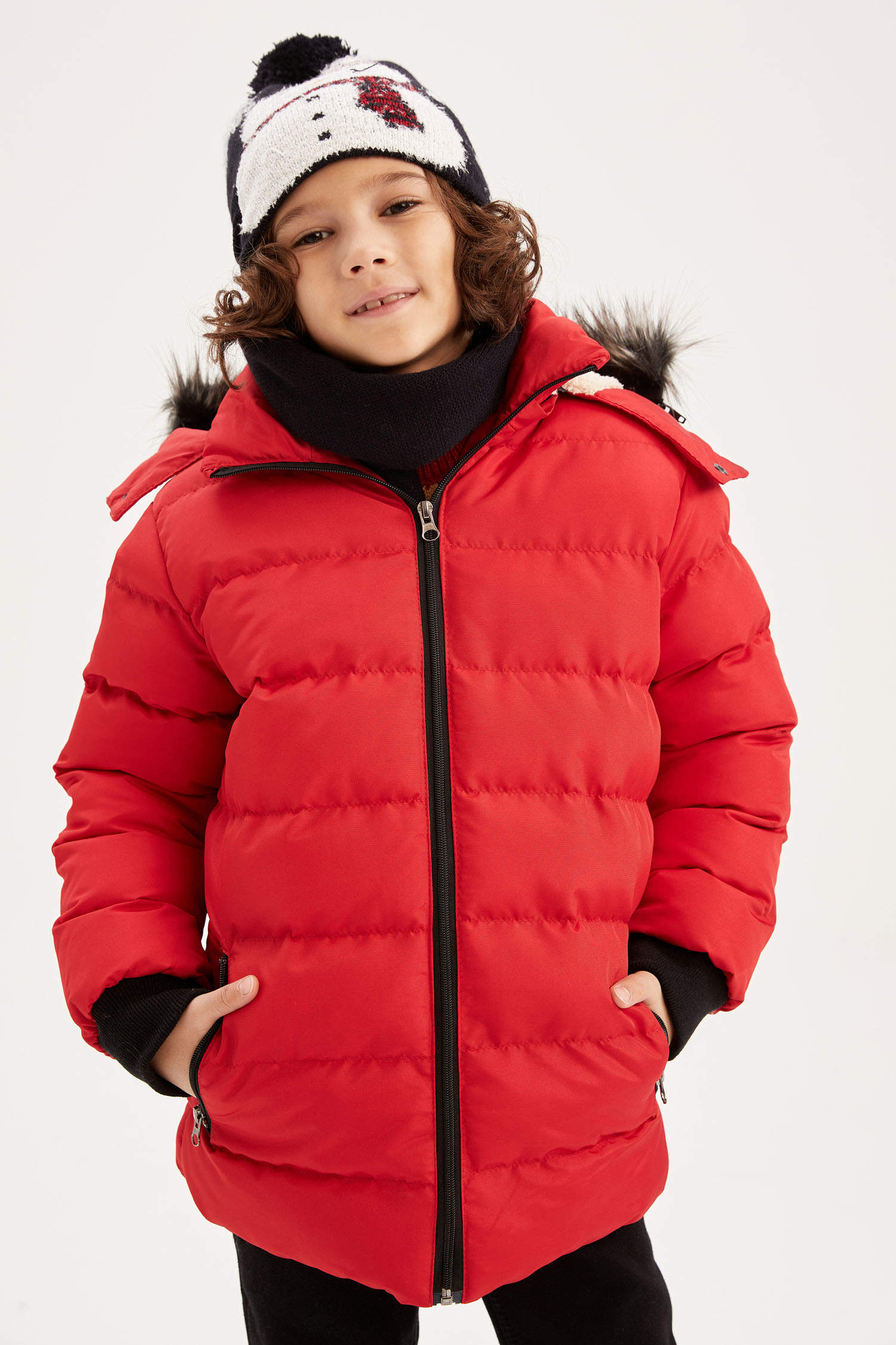 Red BOYS & TEENS Hooded Plush Coat 2723447 | DeFacto
