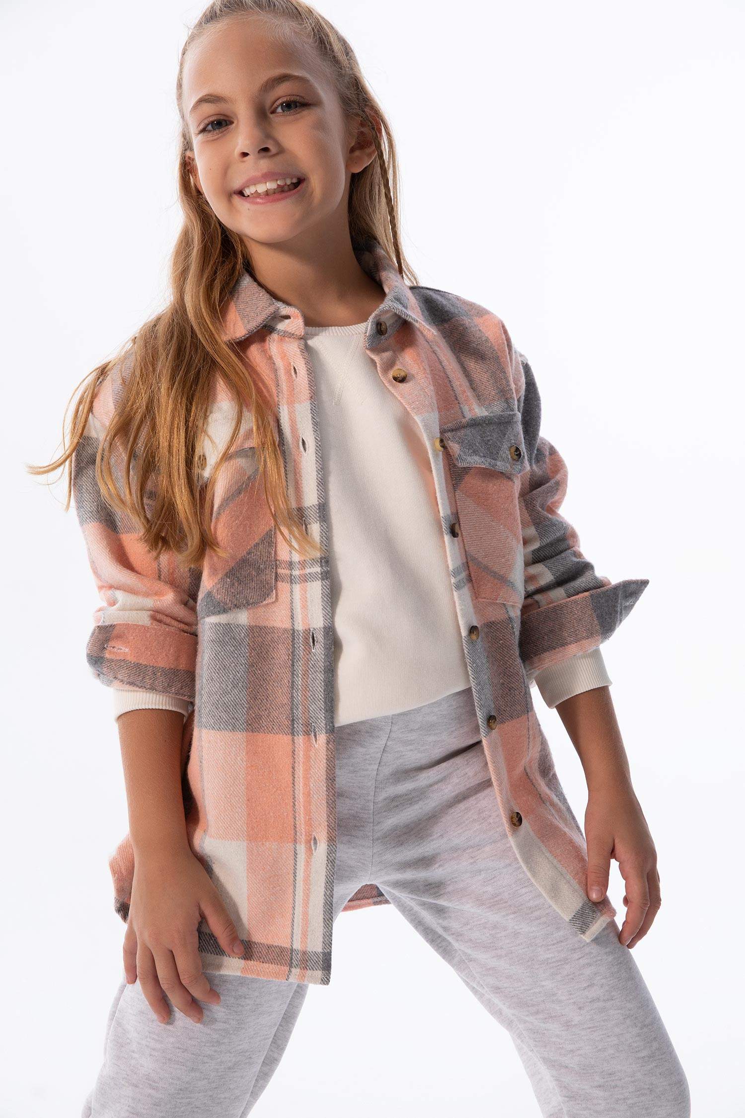 Kız Çocuk Kareli Cepli Uzun Kollu Gömlek