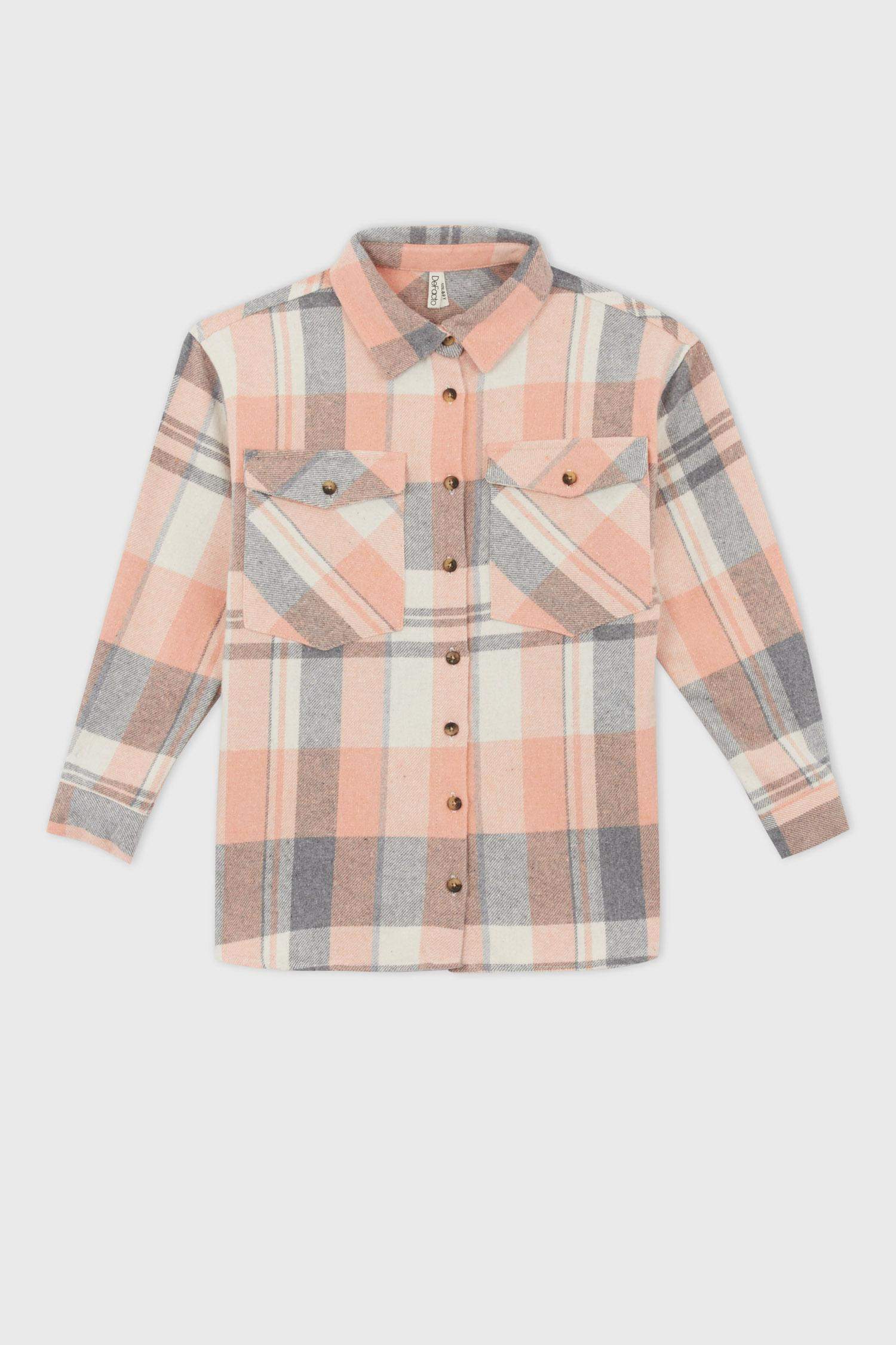 Kız Çocuk Kareli Cepli Uzun Kollu Gömlek