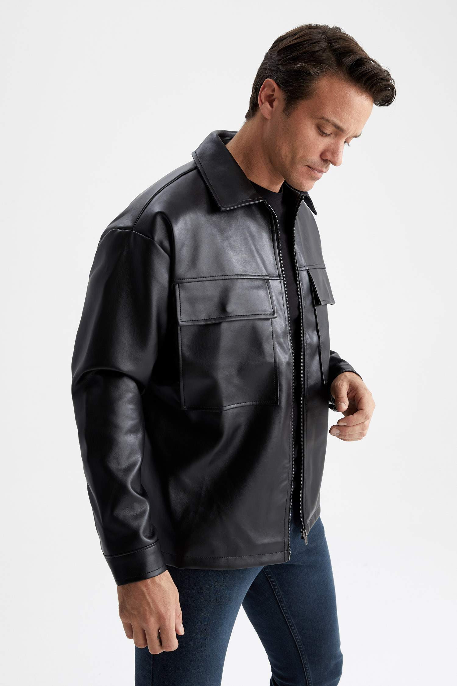 Black Man Oversize Fit Shirt Collar Jacket Faux Leather Coat