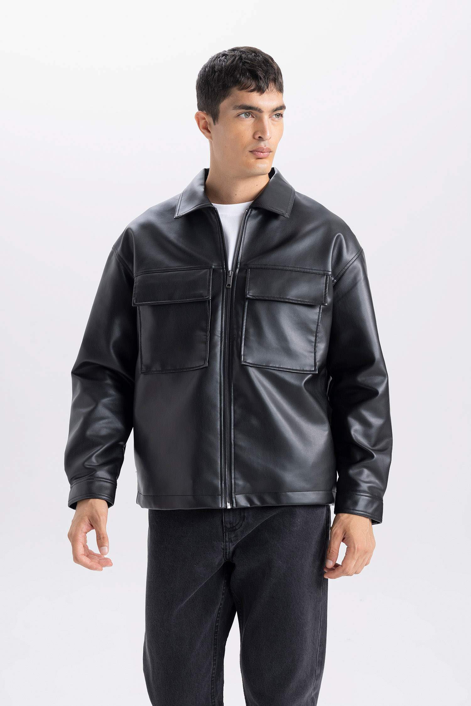 Su İtici Oversize Geniş Kalıp Gömlek Yaka Fermuarlı Cepli Mont