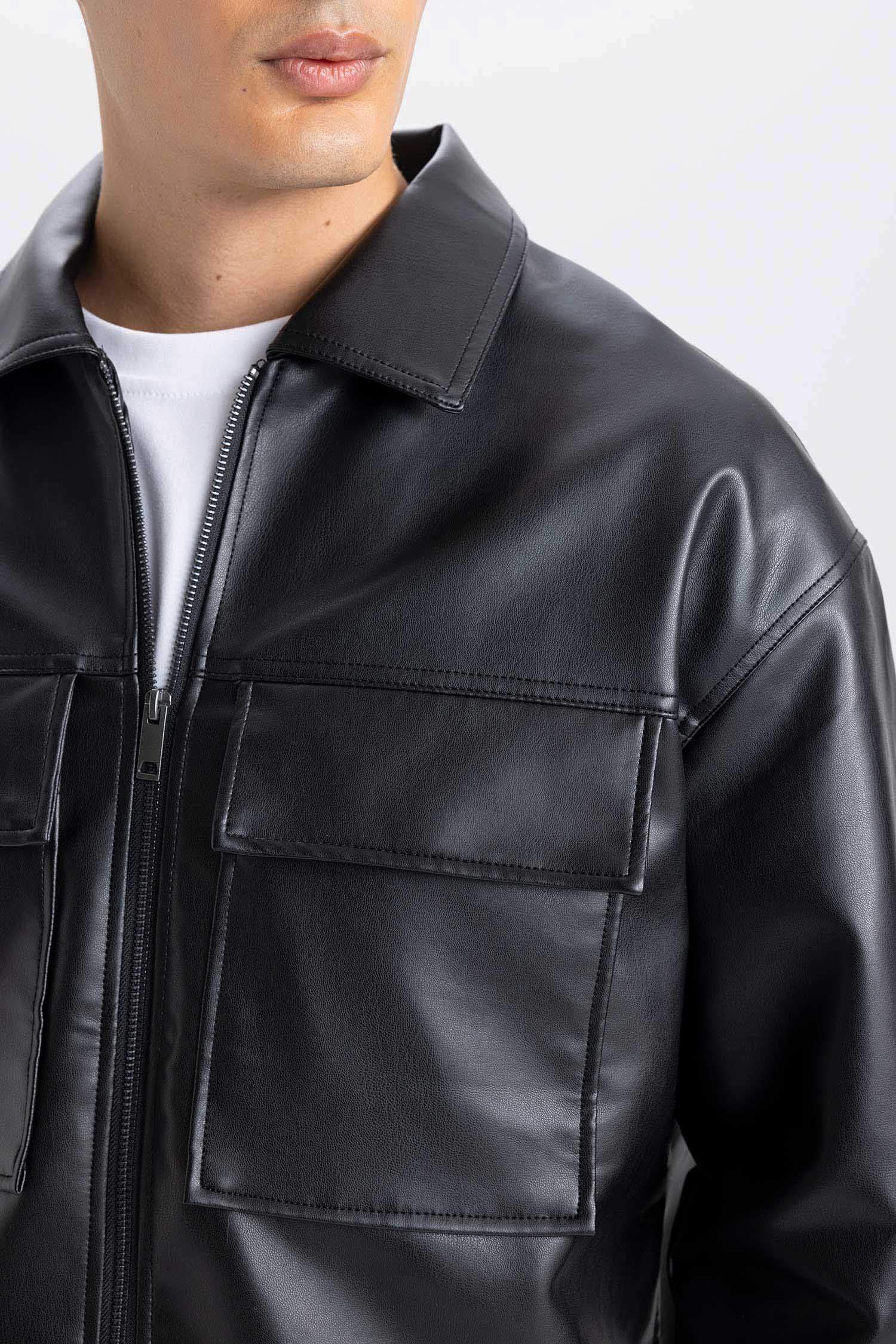 Su İtici Oversize Geniş Kalıp Gömlek Yaka Fermuarlı Cepli Mont