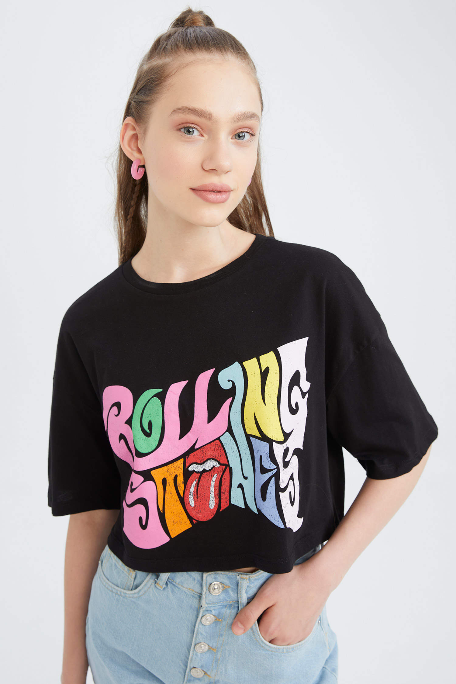 Defacto Coool Rolling Stones Bisiklet Yaka Kısa Kollu Crop Tişört. 8