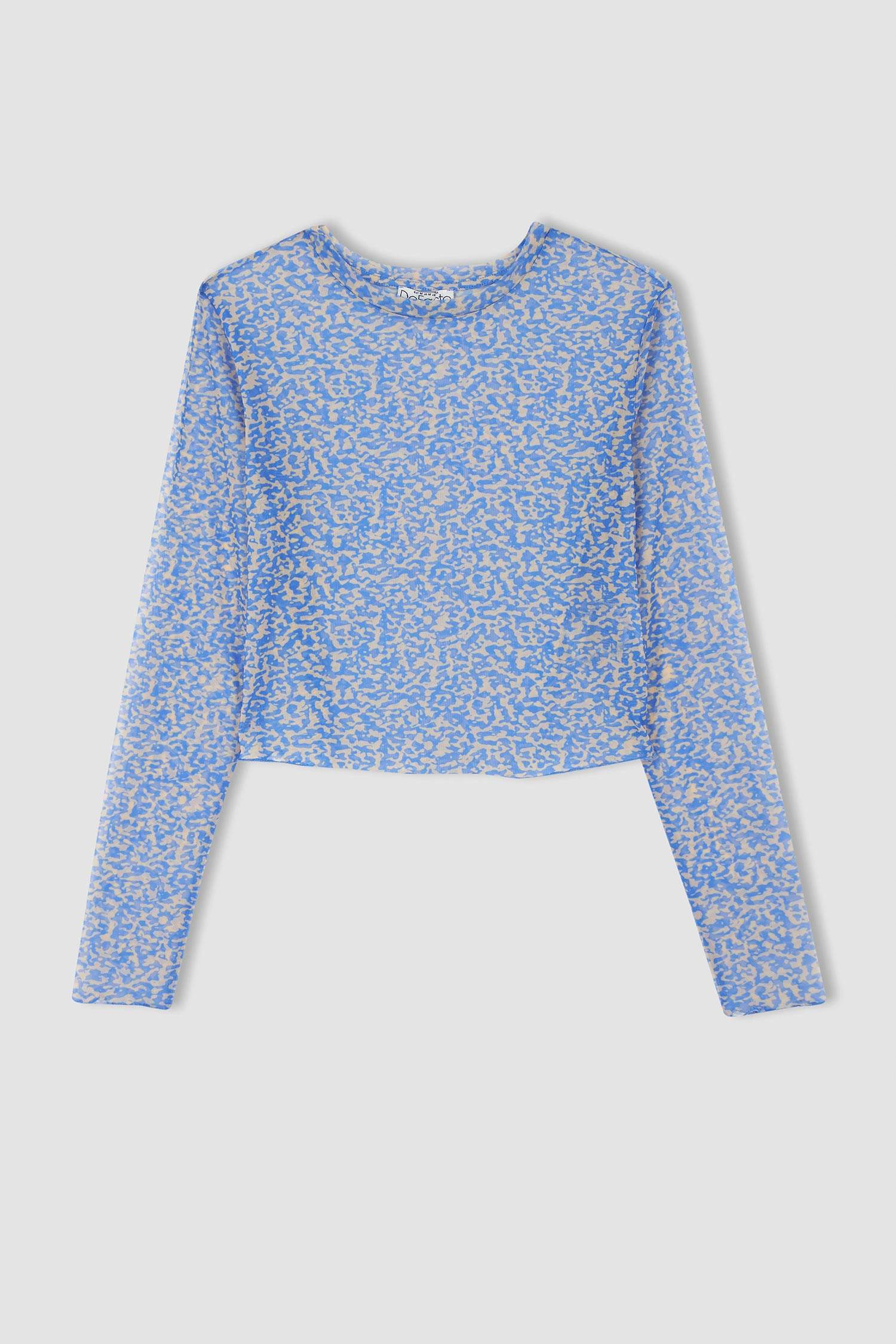 Fitted Bisiklet Yaka Desenli Tül Uzun Kollu Tişört