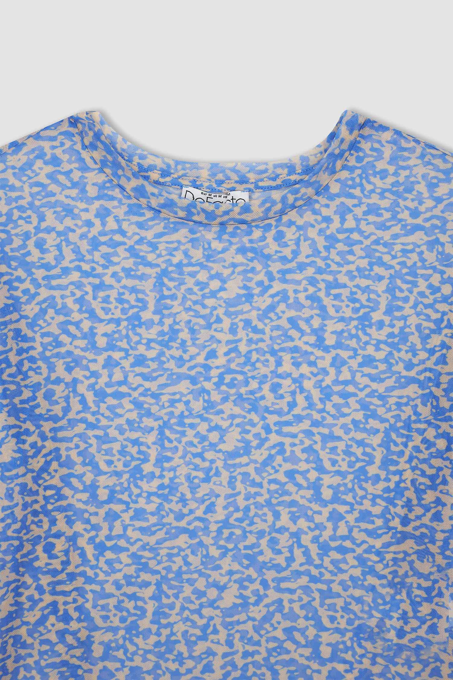 Fitted Bisiklet Yaka Desenli Tül Uzun Kollu Tişört